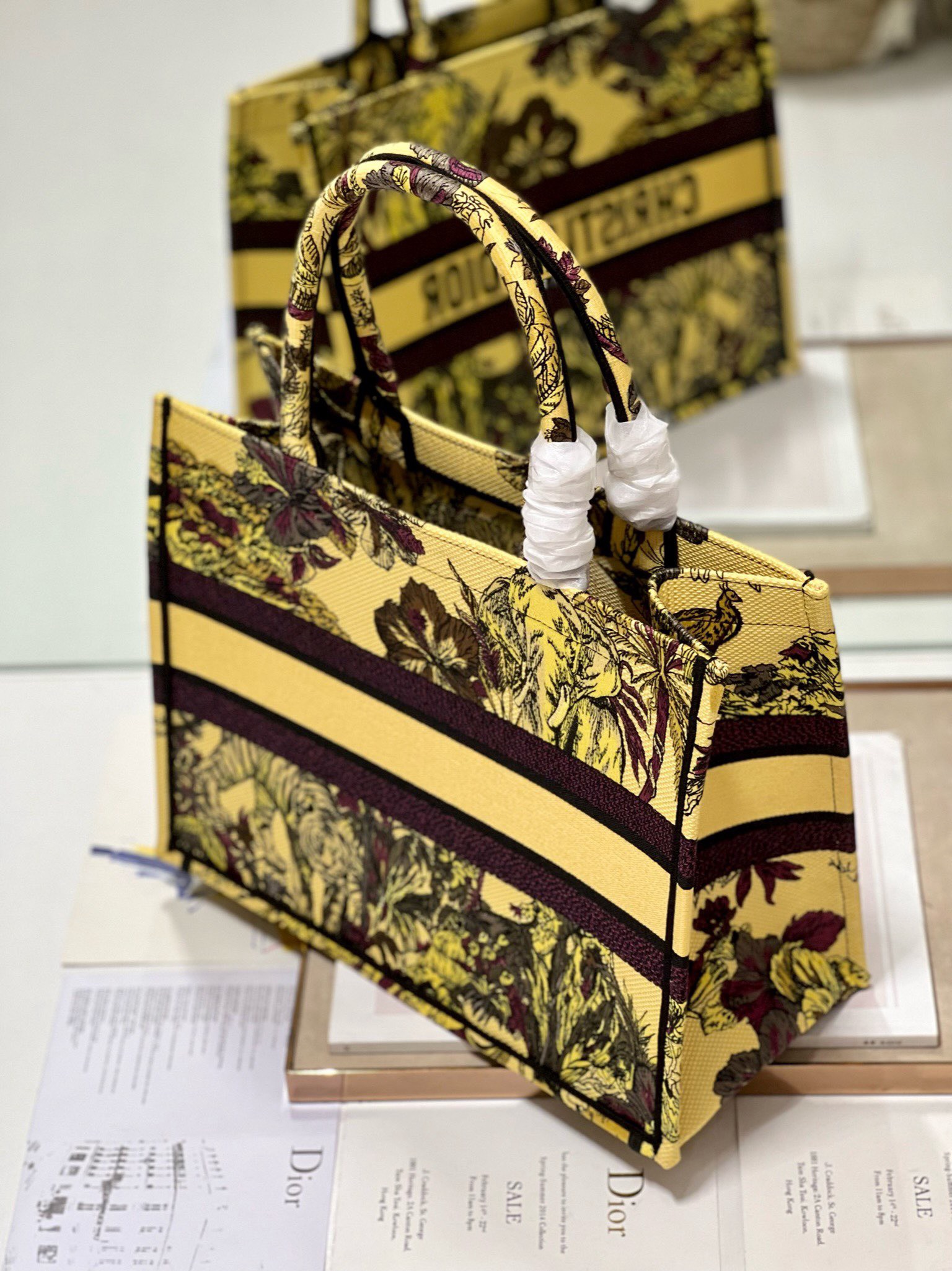 Bagsaaa D10r Medium Book Tote Celestial Yellow Multicolor Toile de Jouy Voyage Embroidery