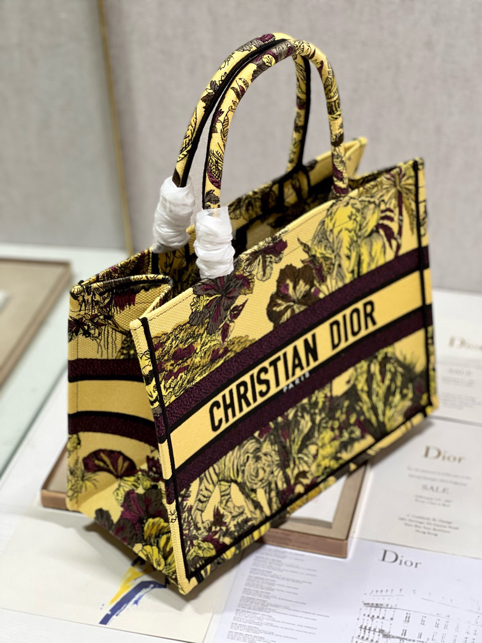 Bagsaaa D10r Medium Book Tote Celestial Yellow Multicolor Toile de Jouy Voyage Embroidery