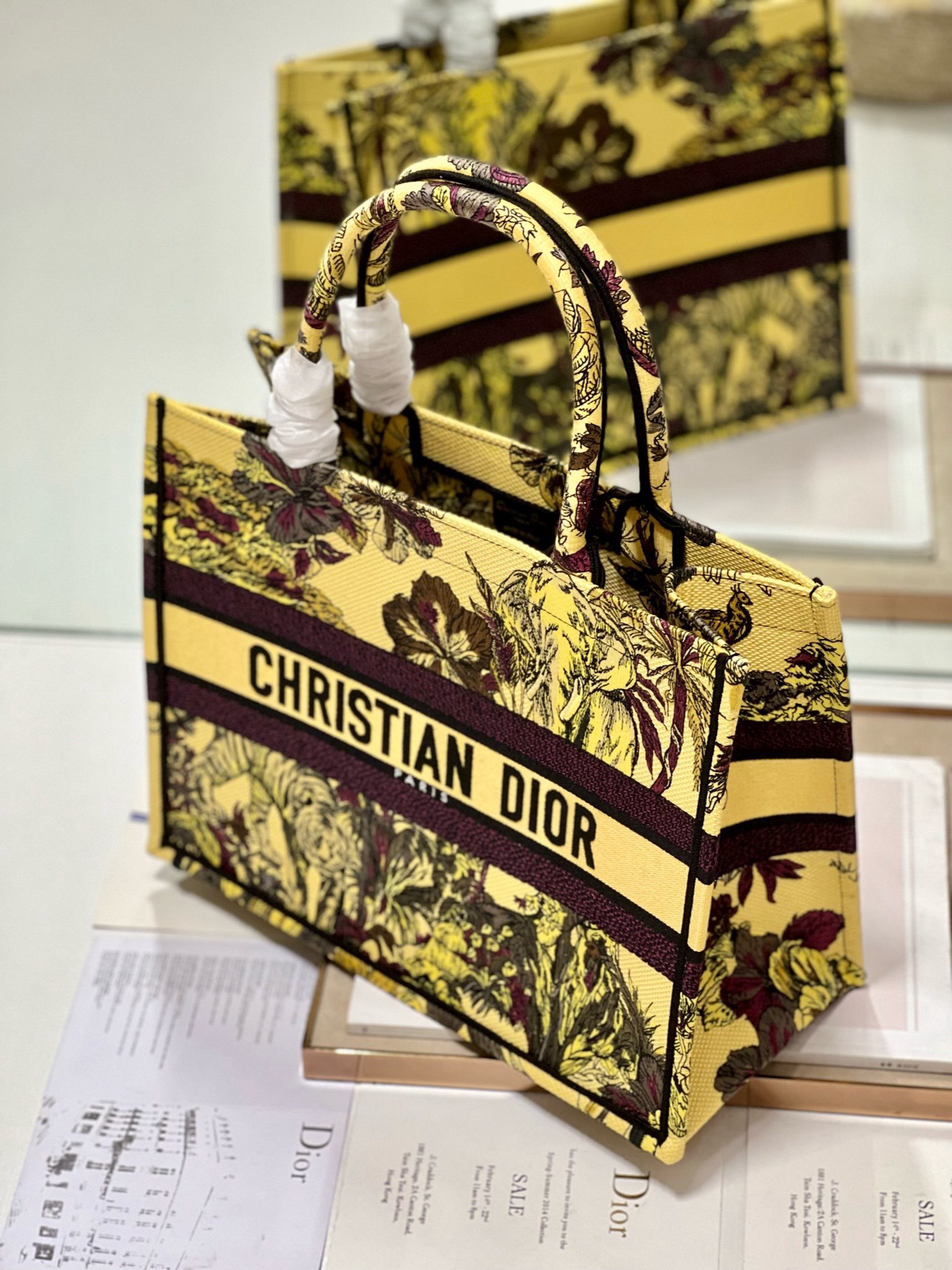 Bagsaaa D10r Medium Book Tote Celestial Yellow Multicolor Toile de Jouy Voyage Embroidery
