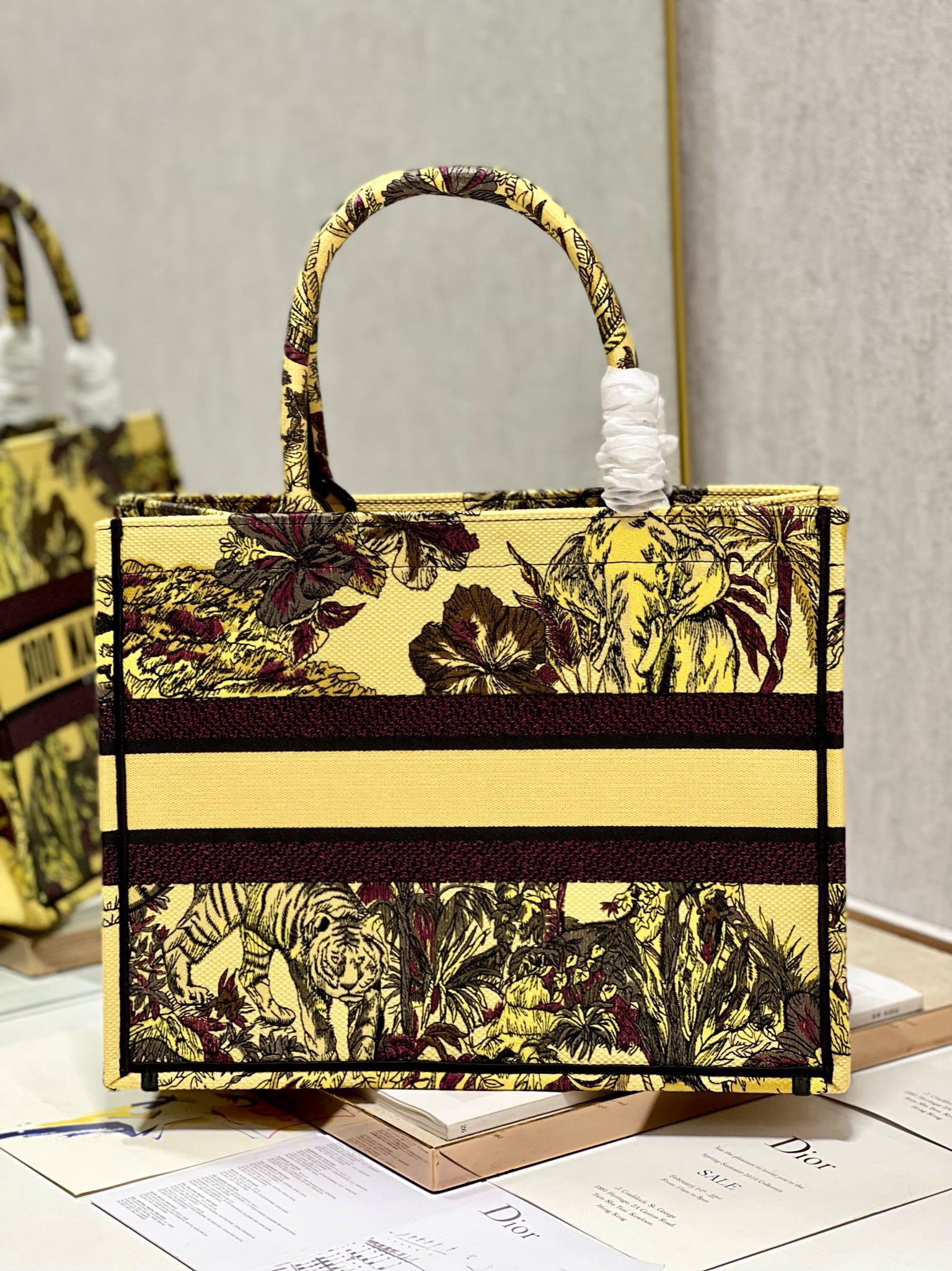 Bagsaaa D10r Medium Book Tote Celestial Yellow Multicolor Toile de Jouy Voyage Embroidery