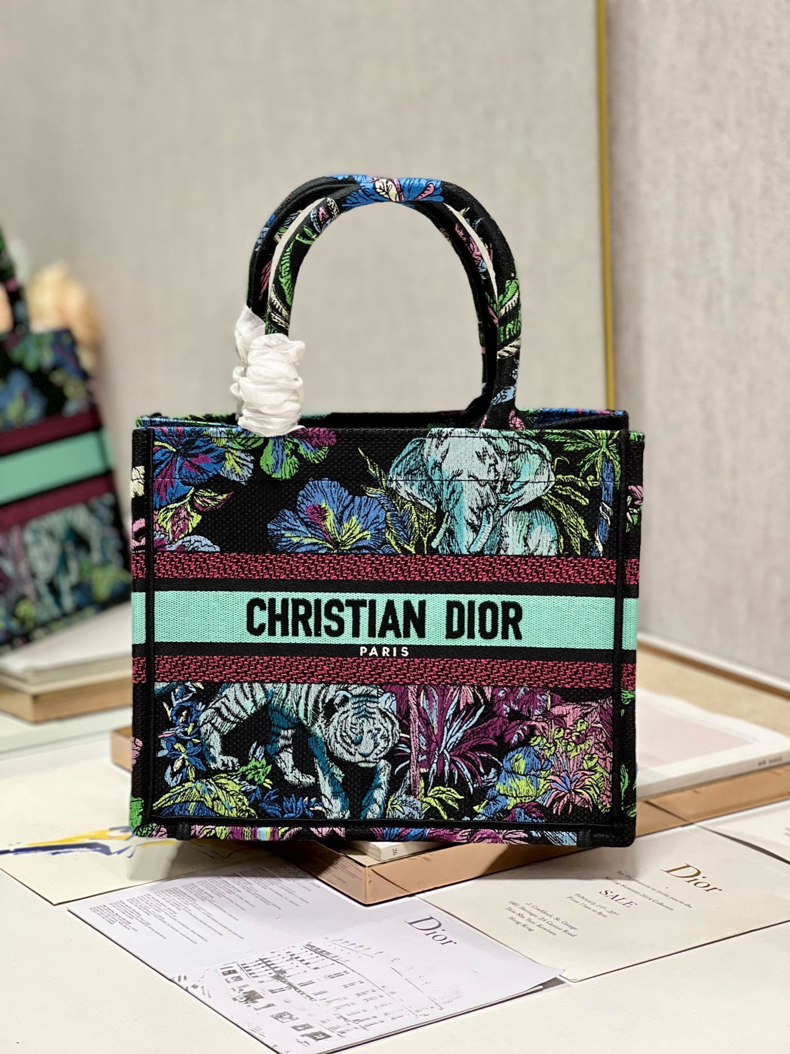 Bagsaaa D10r Small Book Tote Celestial Black Multicolor Toile de Jouy Voyage Embroidery