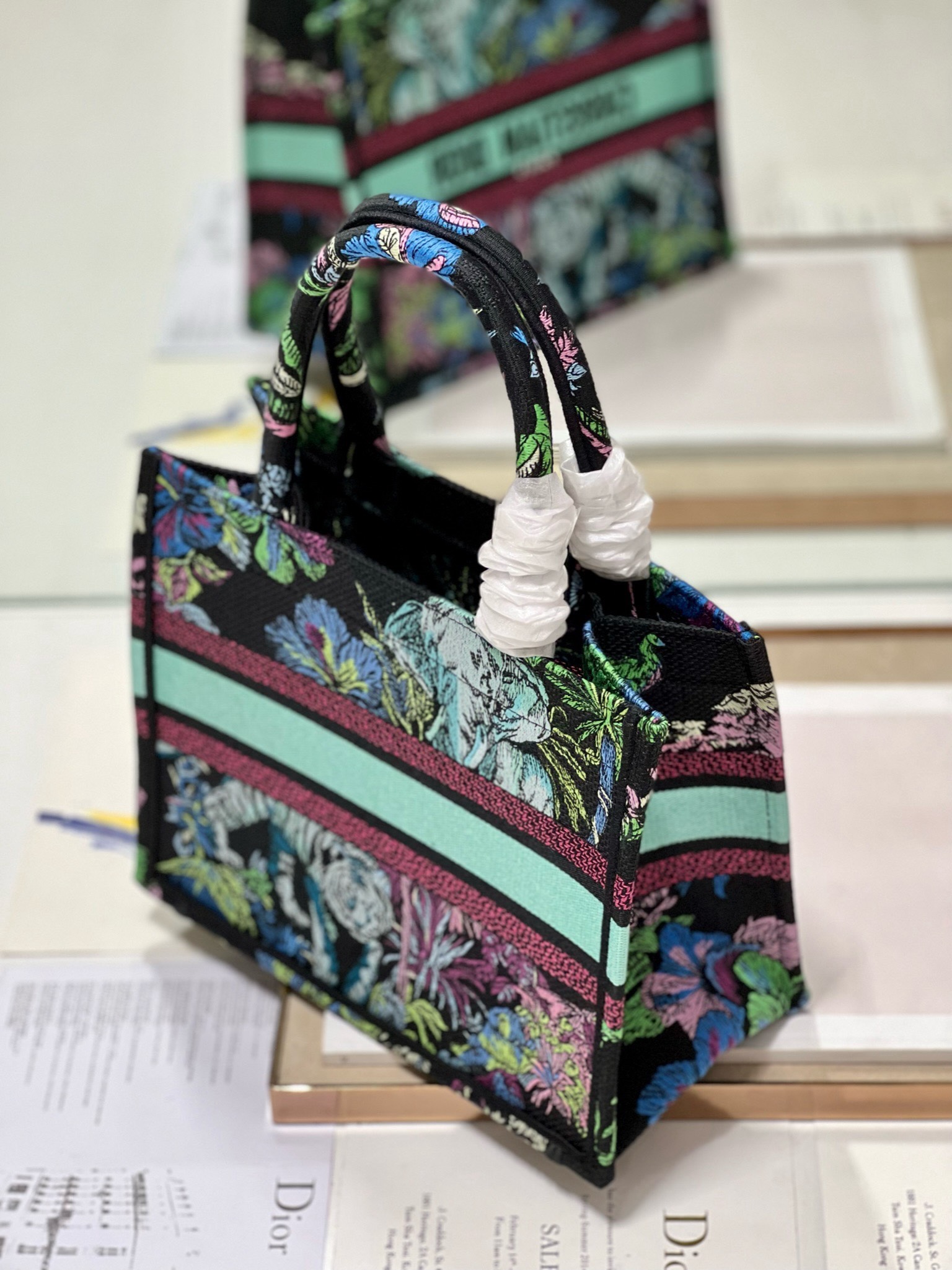 Bagsaaa D10r Small Book Tote Celestial Black Multicolor Toile de Jouy Voyage Embroidery