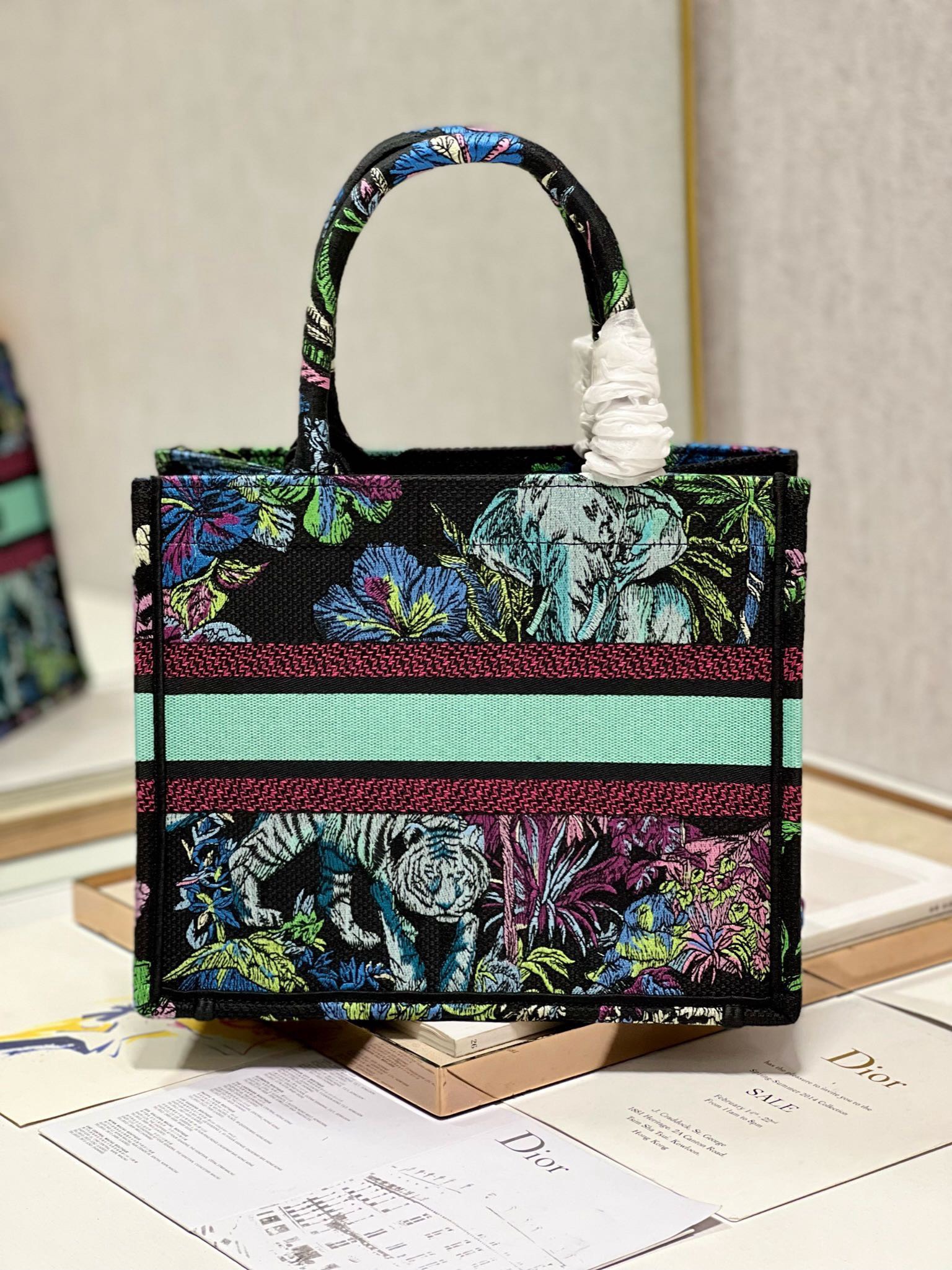Bagsaaa D10r Small Book Tote Celestial Black Multicolor Toile de Jouy Voyage Embroidery