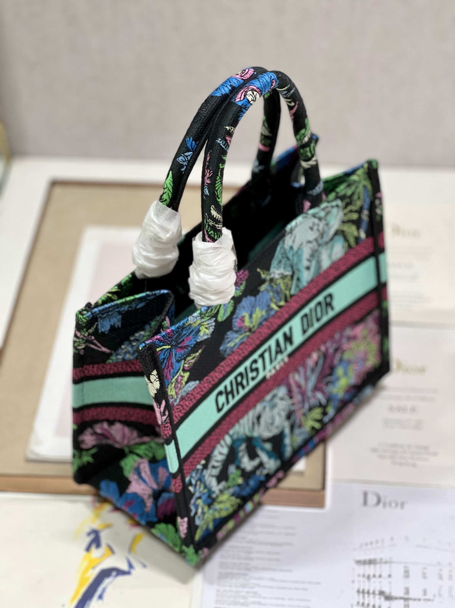 Bagsaaa D10r Small Book Tote Celestial Black Multicolor Toile de Jouy Voyage Embroidery