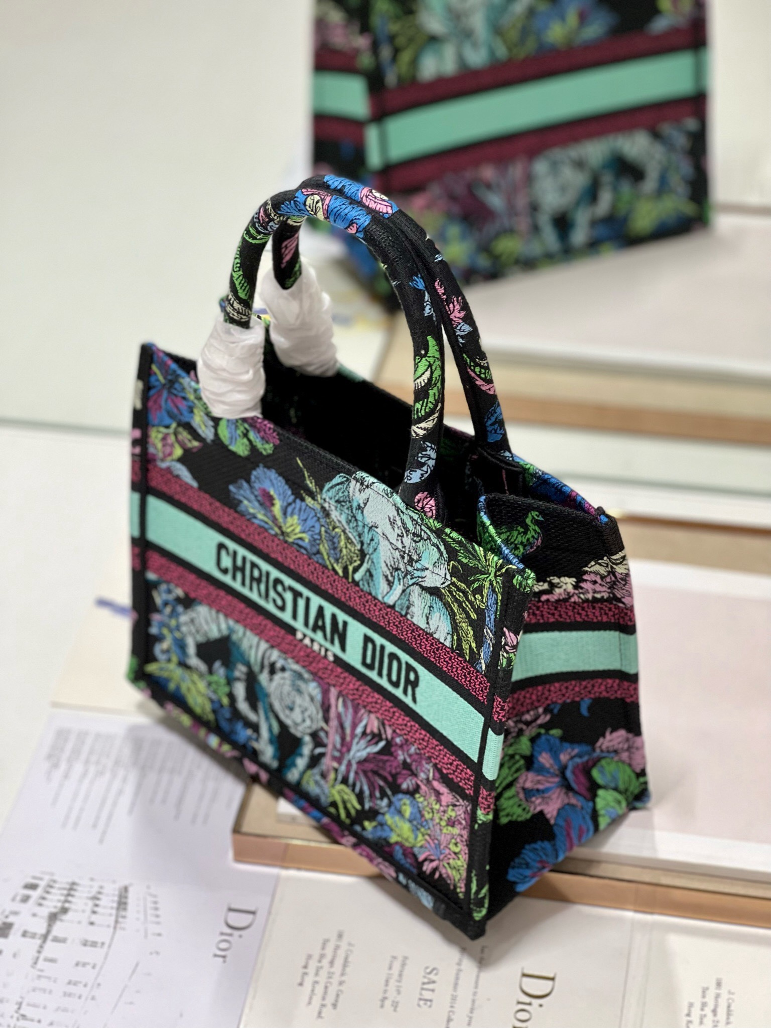 Bagsaaa D10r Small Book Tote Celestial Black Multicolor Toile de Jouy Voyage Embroidery