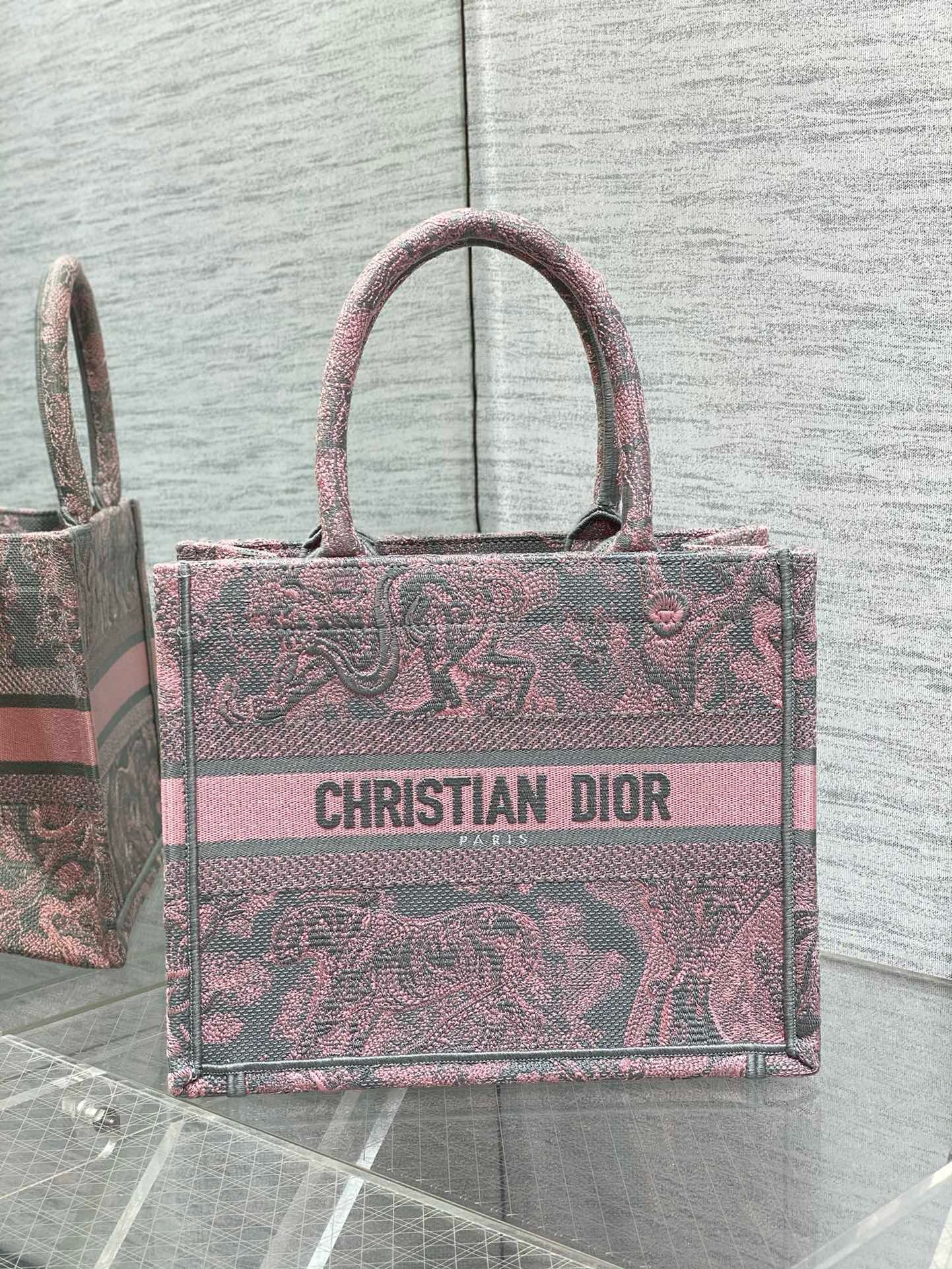Bagsaaa D10r Small Book Tote Ecru and Pink Toile de Jouy Embroidery - 26x22x8cm
