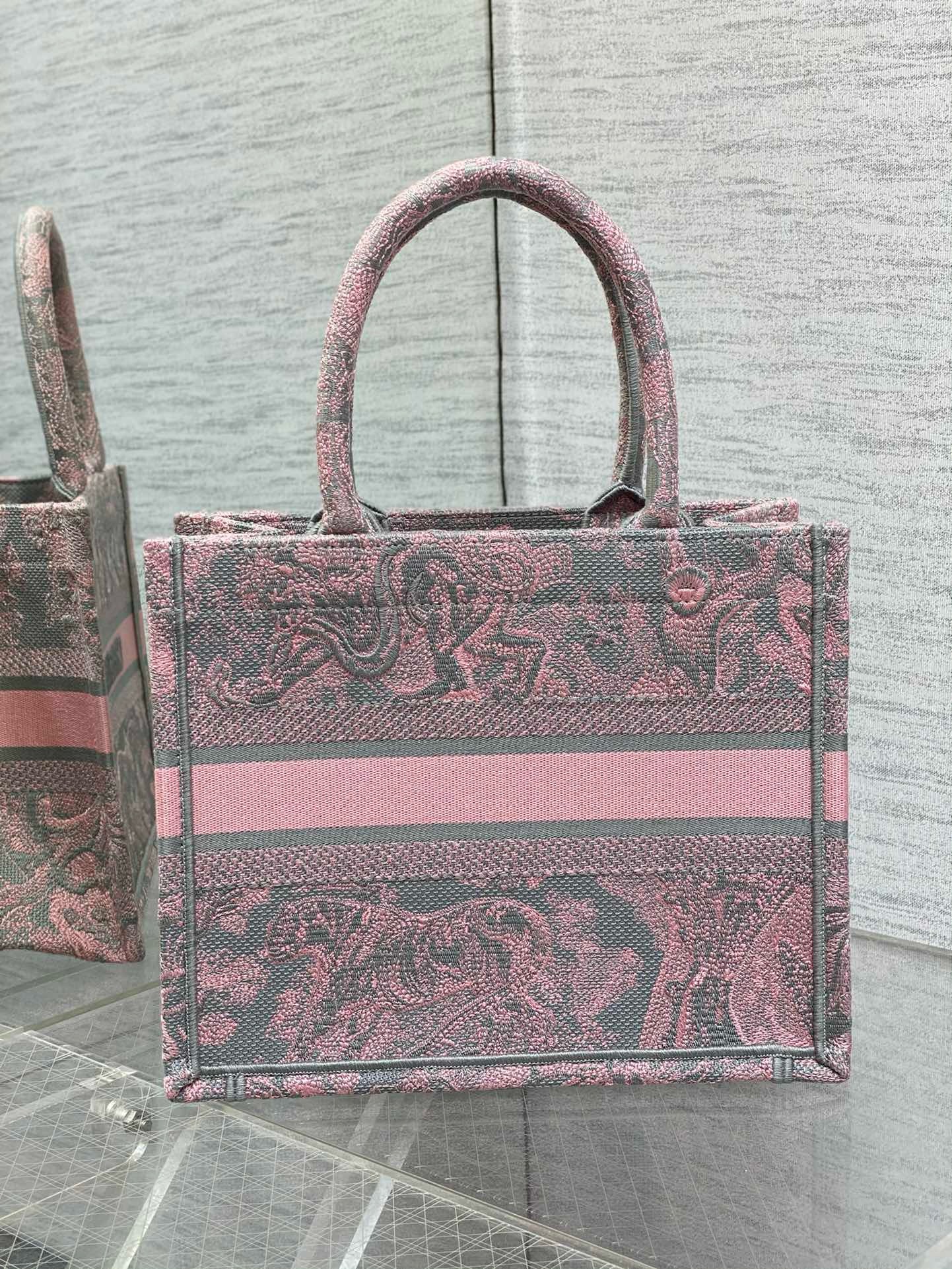 Bagsaaa D10r Small Book Tote Ecru and Pink Toile de Jouy Embroidery - 26x22x8cm
