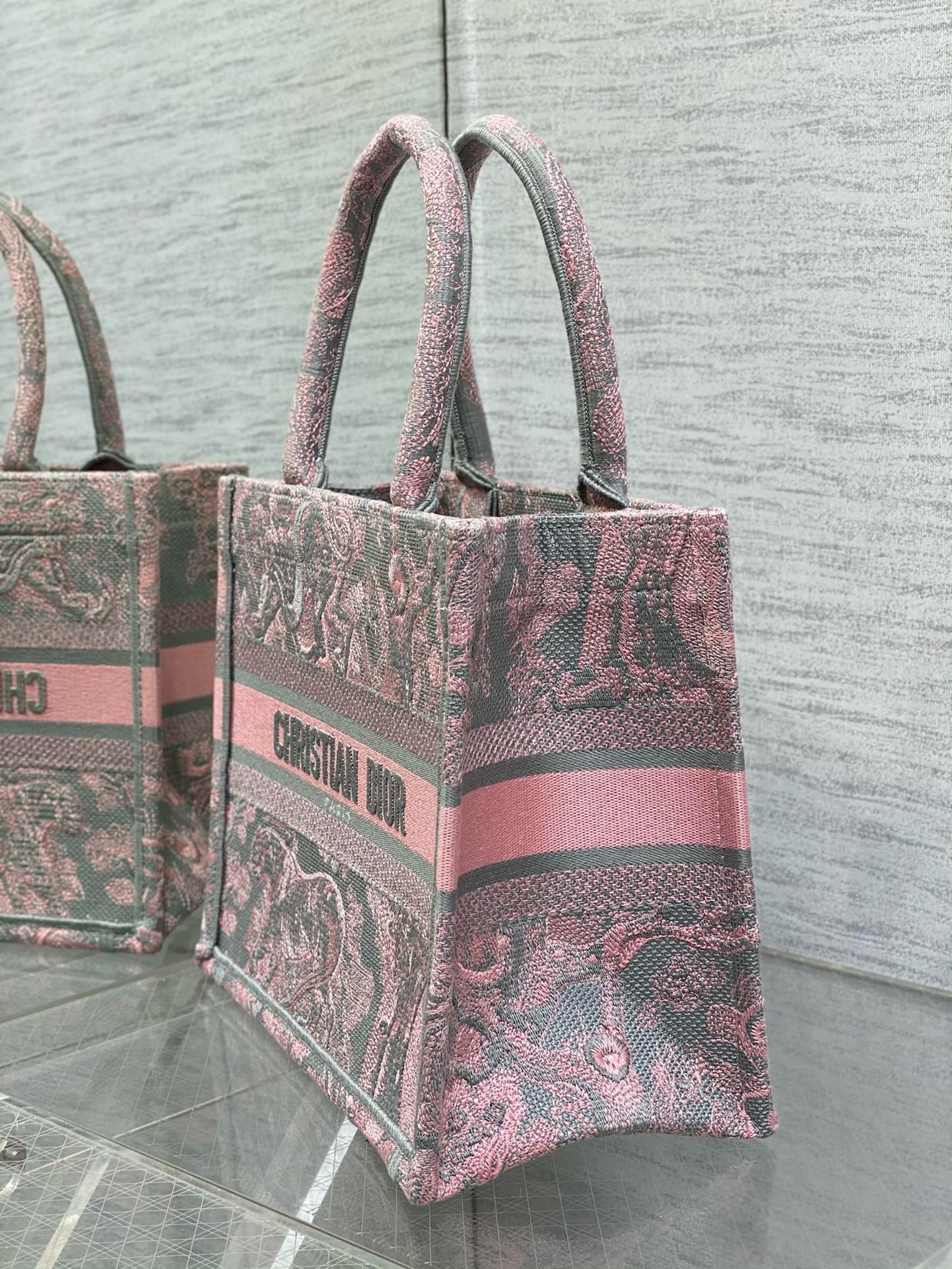 Bagsaaa D10r Small Book Tote Ecru and Pink Toile de Jouy Embroidery - 26x22x8cm