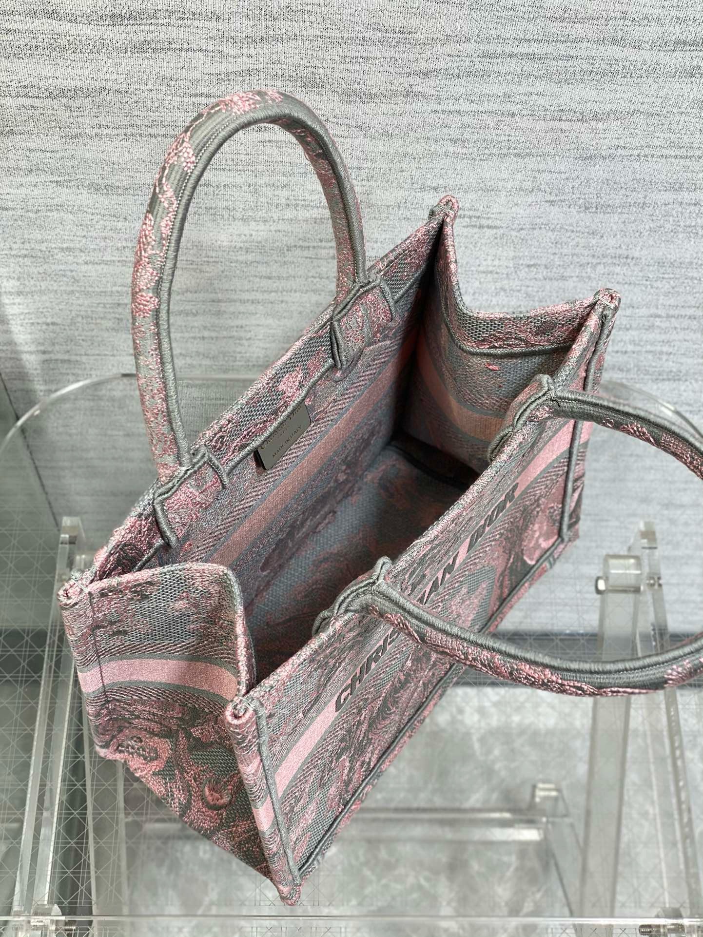 Bagsaaa D10r Small Book Tote Ecru and Pink Toile de Jouy Embroidery - 26x22x8cm