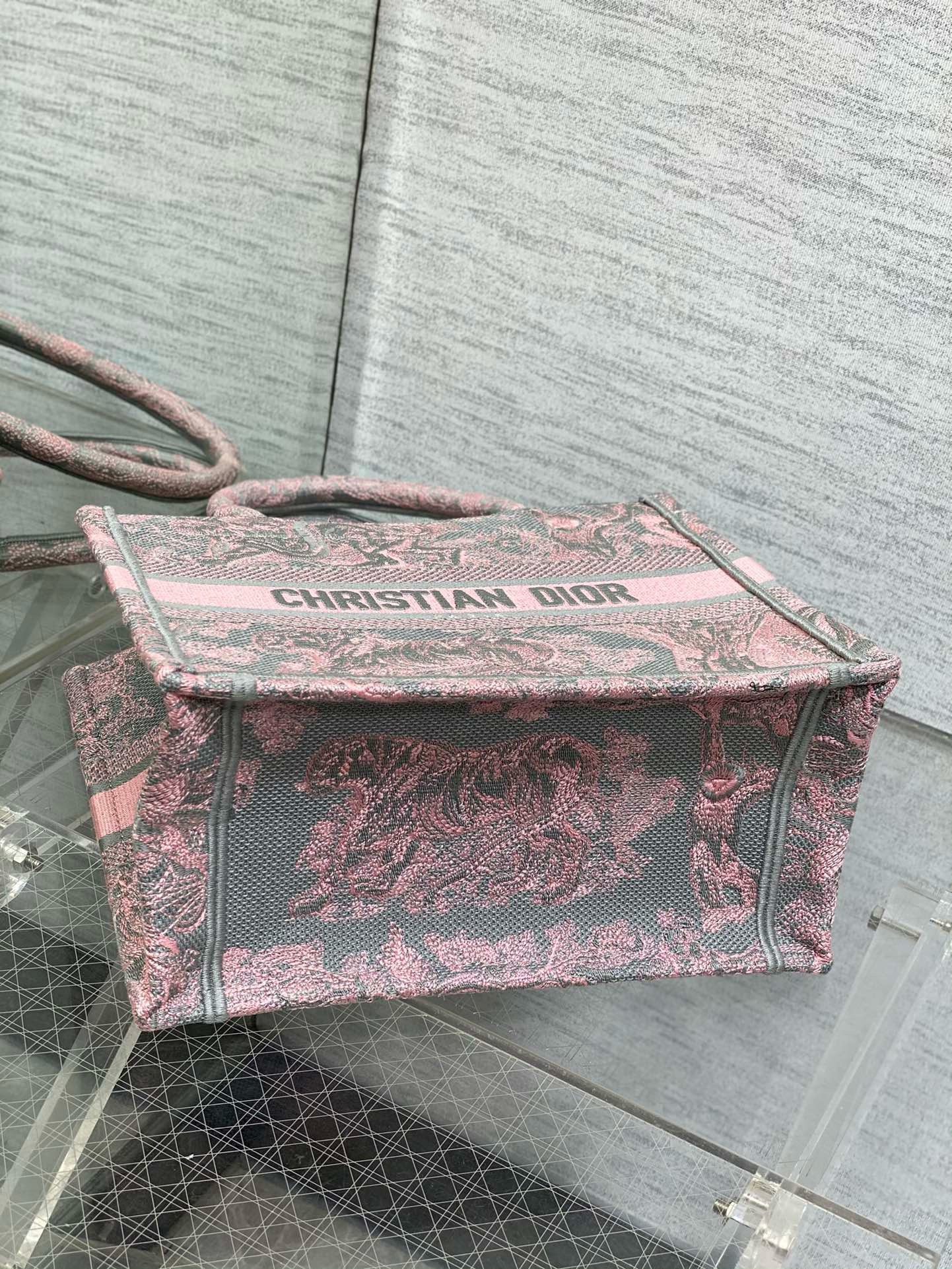 Bagsaaa D10r Small Book Tote Ecru and Pink Toile de Jouy Embroidery - 26x22x8cm