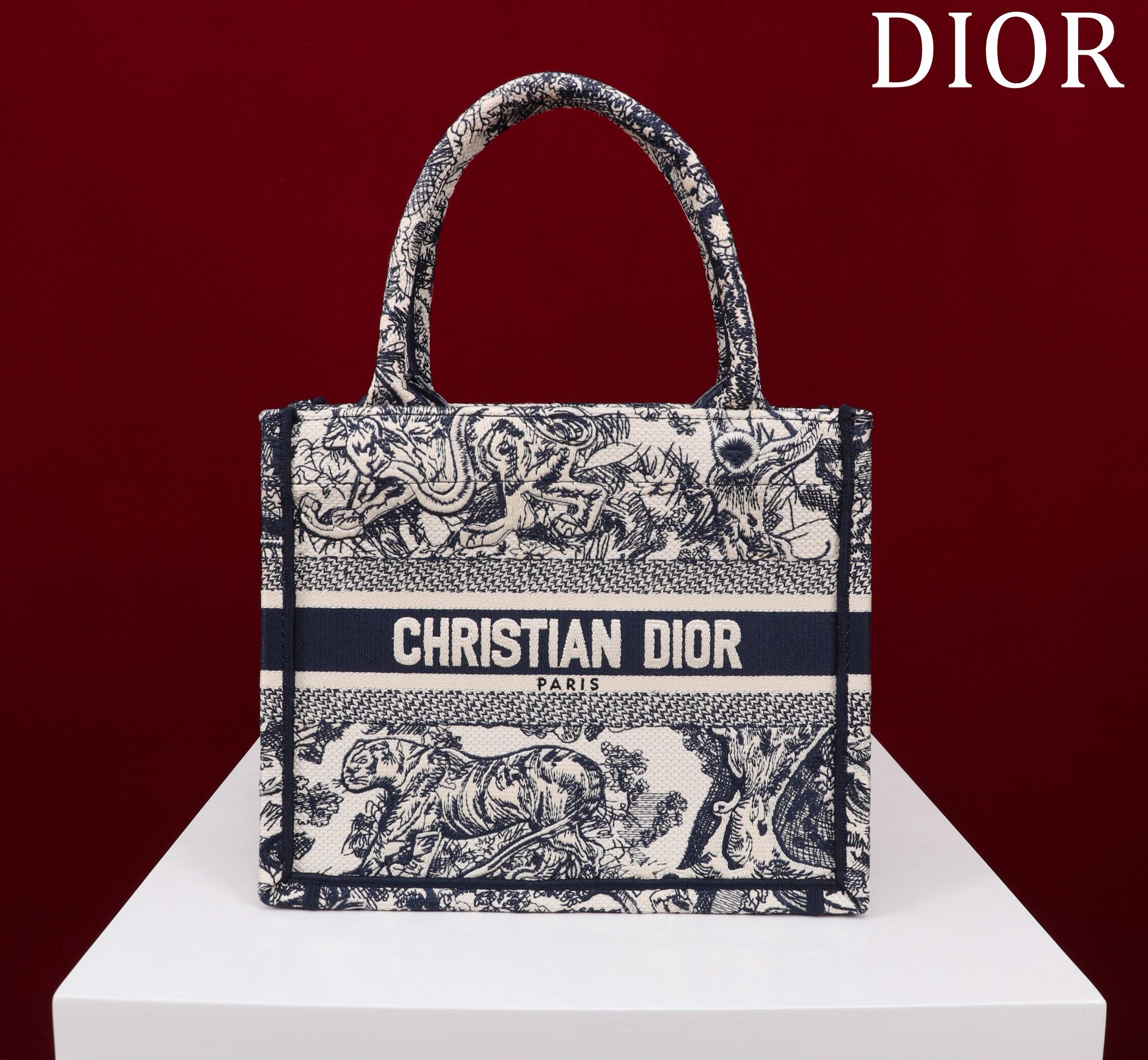 Bagsaaa D10r Small Book Tote Ecru and Navy Blue Toile de Jouy Embroidery - 26x22x8cm