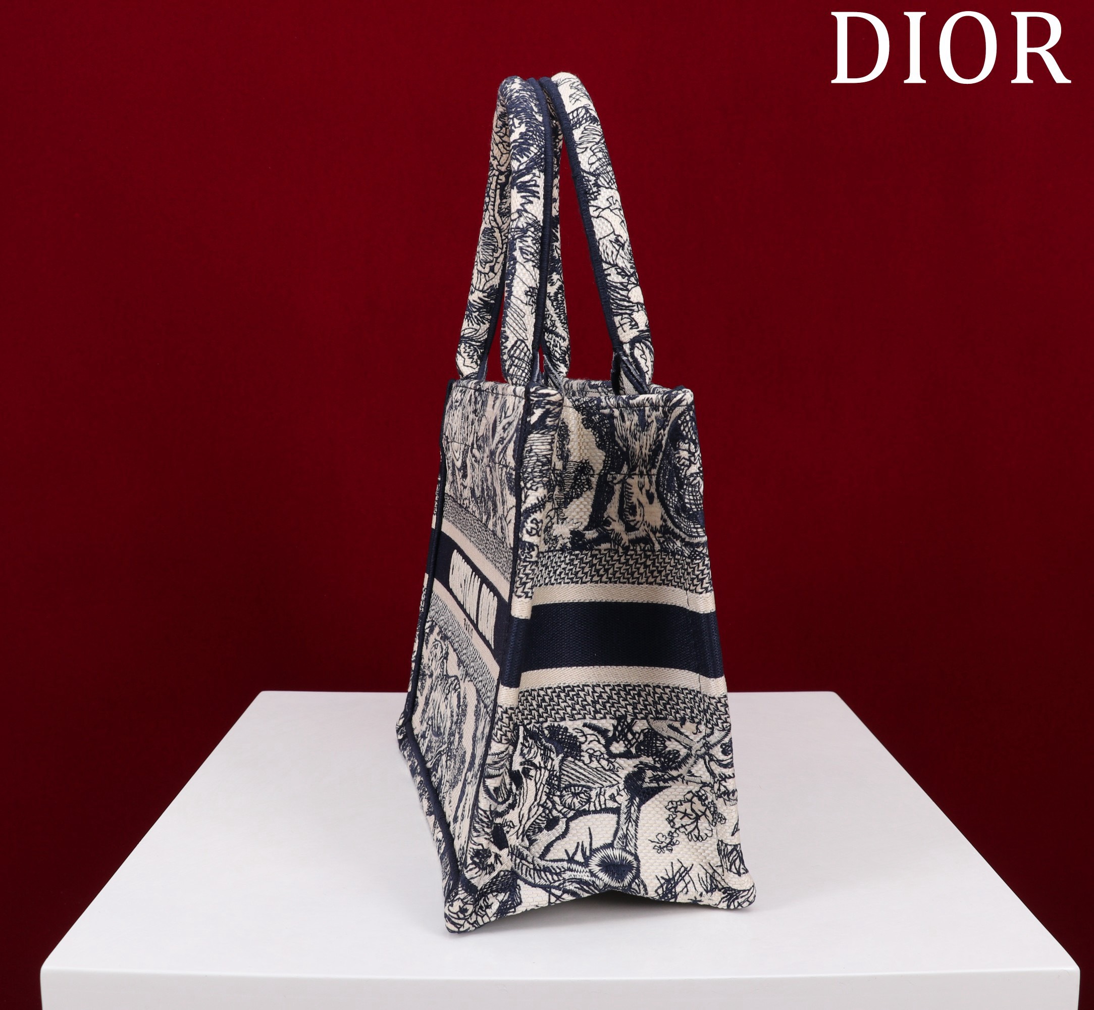 Bagsaaa D10r Small Book Tote Ecru and Navy Blue Toile de Jouy Embroidery - 26x22x8cm