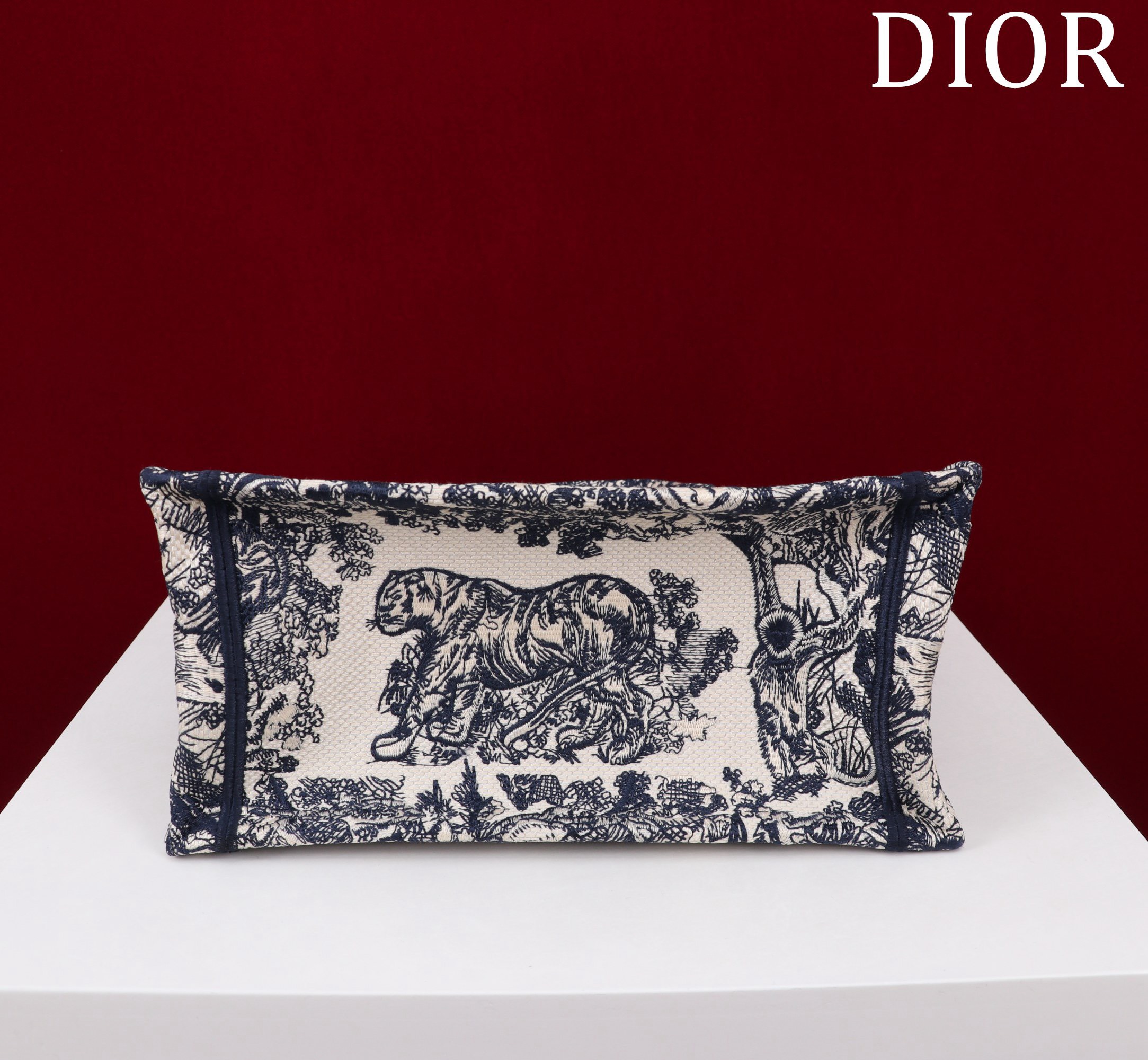 Bagsaaa D10r Small Book Tote Ecru and Navy Blue Toile de Jouy Embroidery - 26x22x8cm