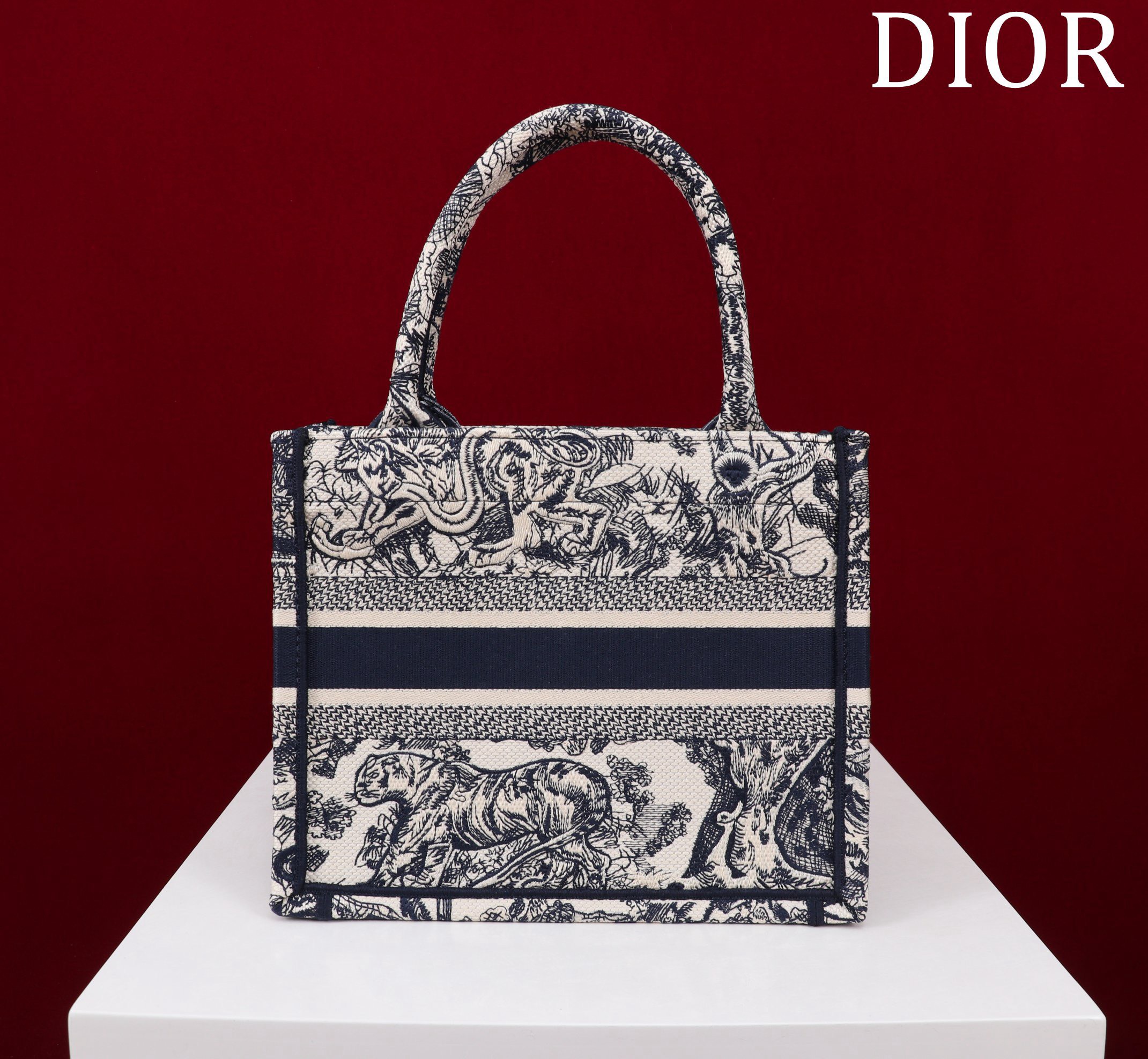 Bagsaaa D10r Small Book Tote Ecru and Navy Blue Toile de Jouy Embroidery - 26x22x8cm