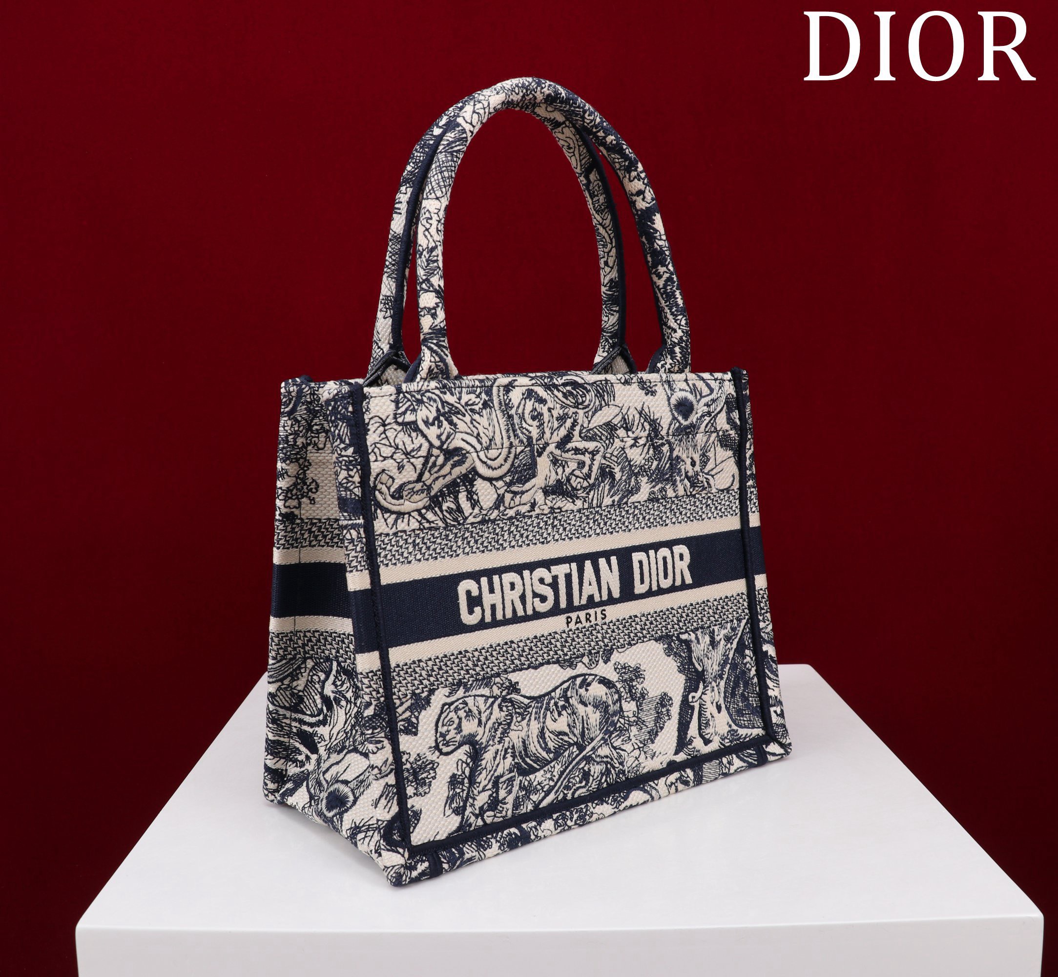 Bagsaaa D10r Small Book Tote Ecru and Navy Blue Toile de Jouy Embroidery - 26x22x8cm