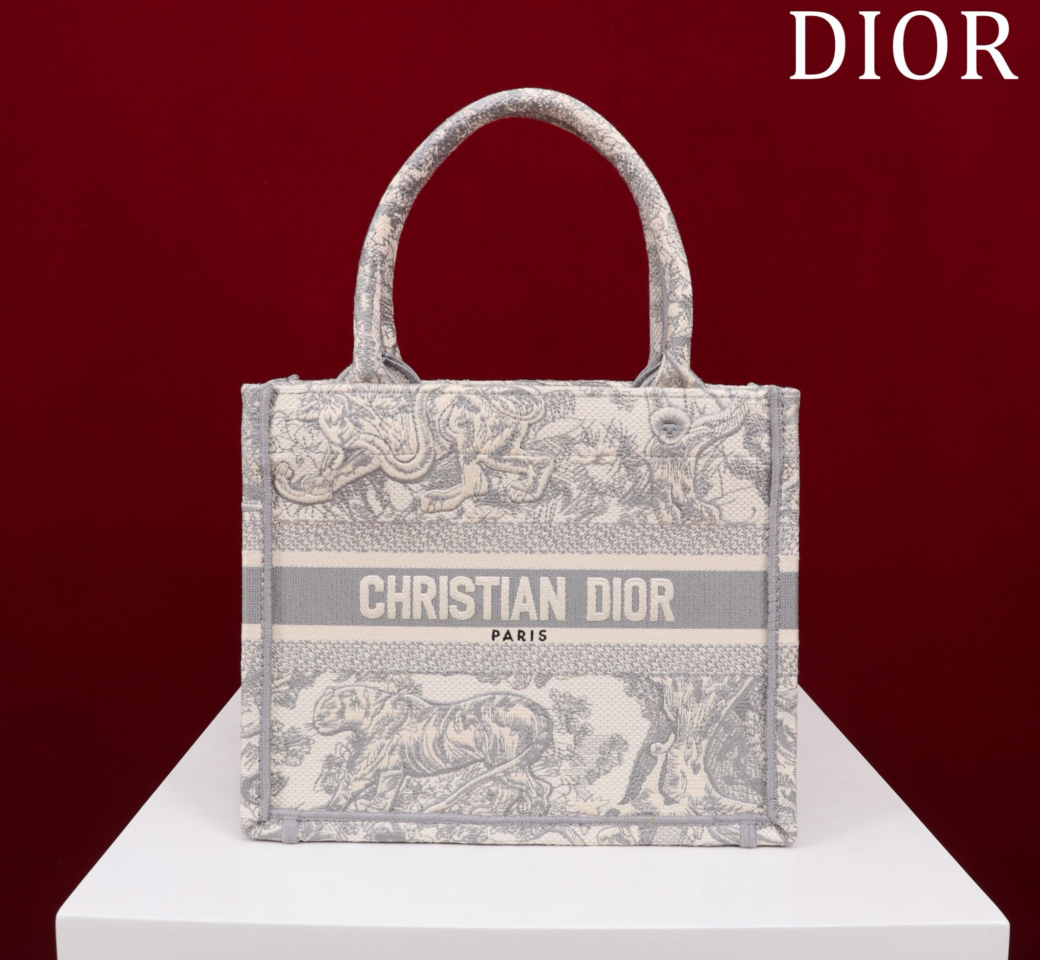 Bagsaaa D10r Small Book Tote Ecru and Grey Toile de Jouy Embroidery - 26x22x8cm