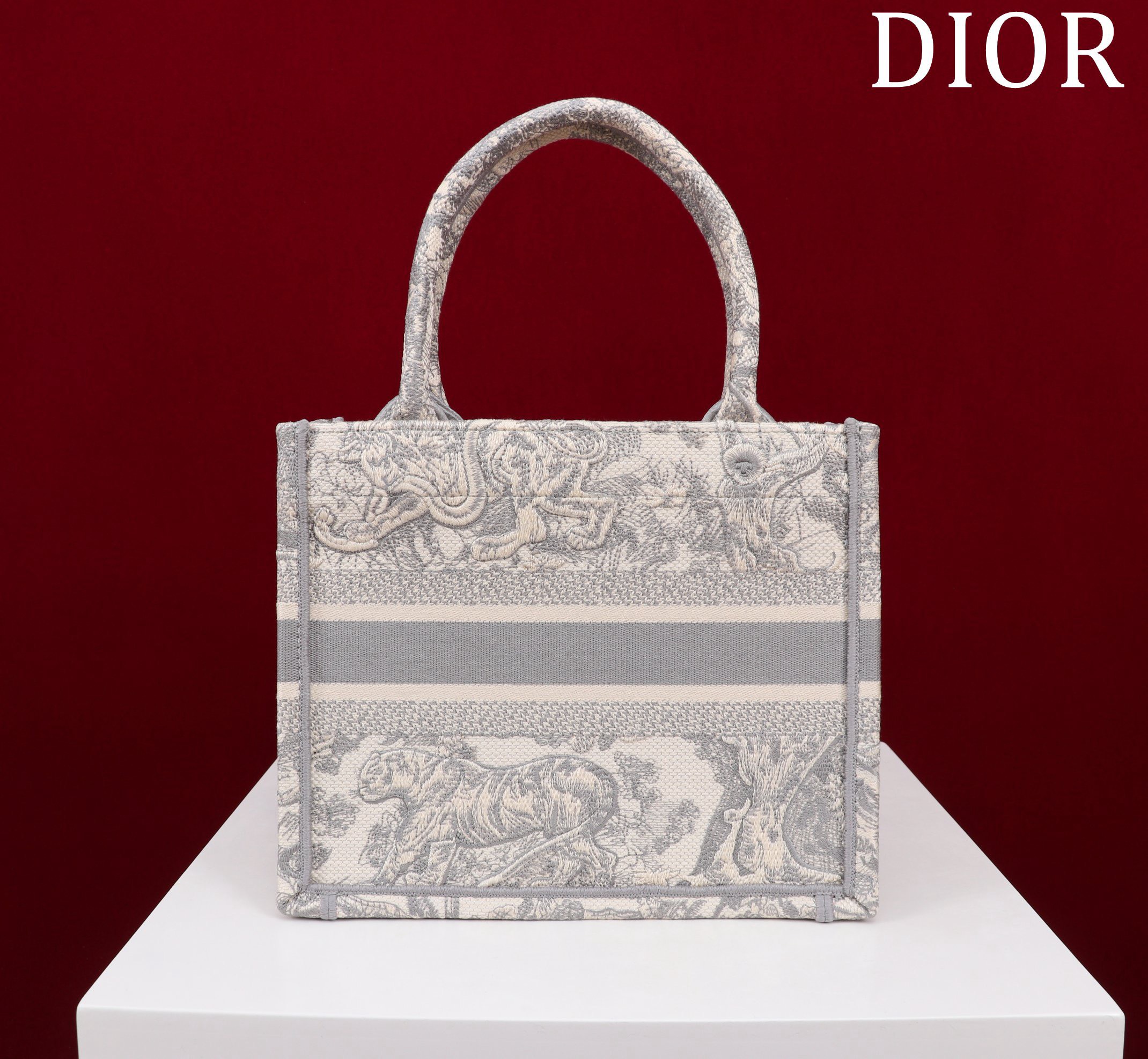 Bagsaaa D10r Small Book Tote Ecru and Grey Toile de Jouy Embroidery - 26x22x8cm