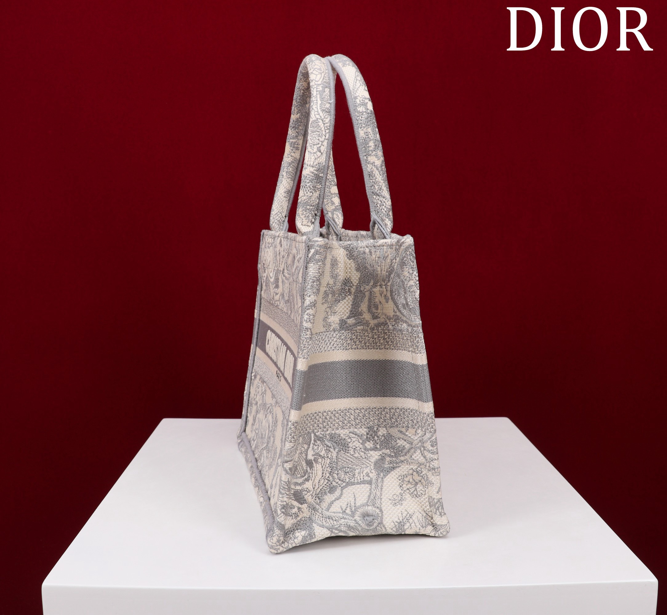Bagsaaa D10r Small Book Tote Ecru and Grey Toile de Jouy Embroidery - 26x22x8cm