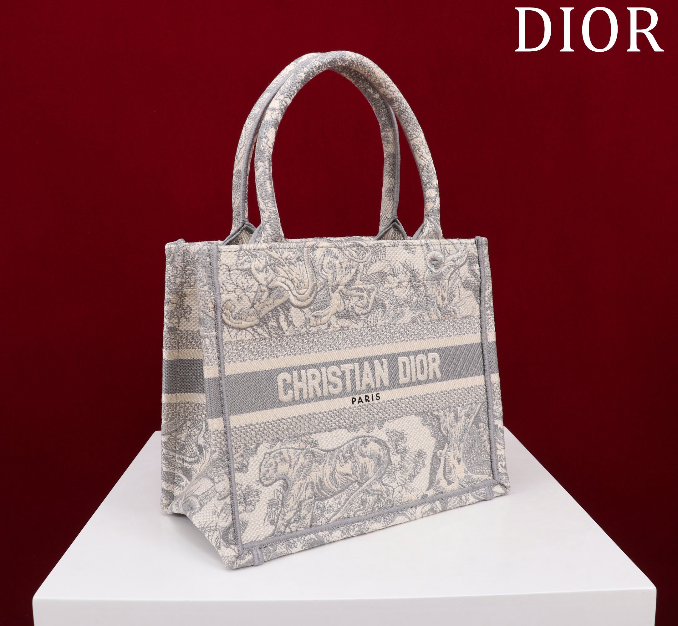 Bagsaaa D10r Small Book Tote Ecru and Grey Toile de Jouy Embroidery - 26x22x8cm