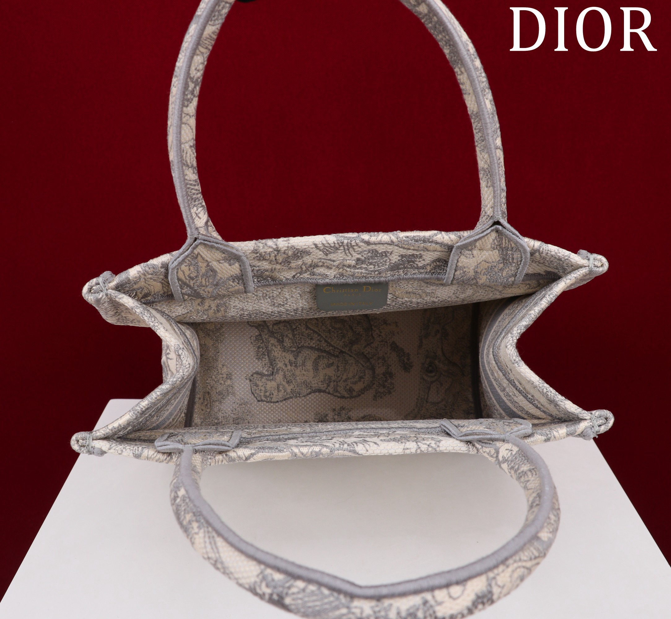 Bagsaaa D10r Small Book Tote Ecru and Grey Toile de Jouy Embroidery - 26x22x8cm