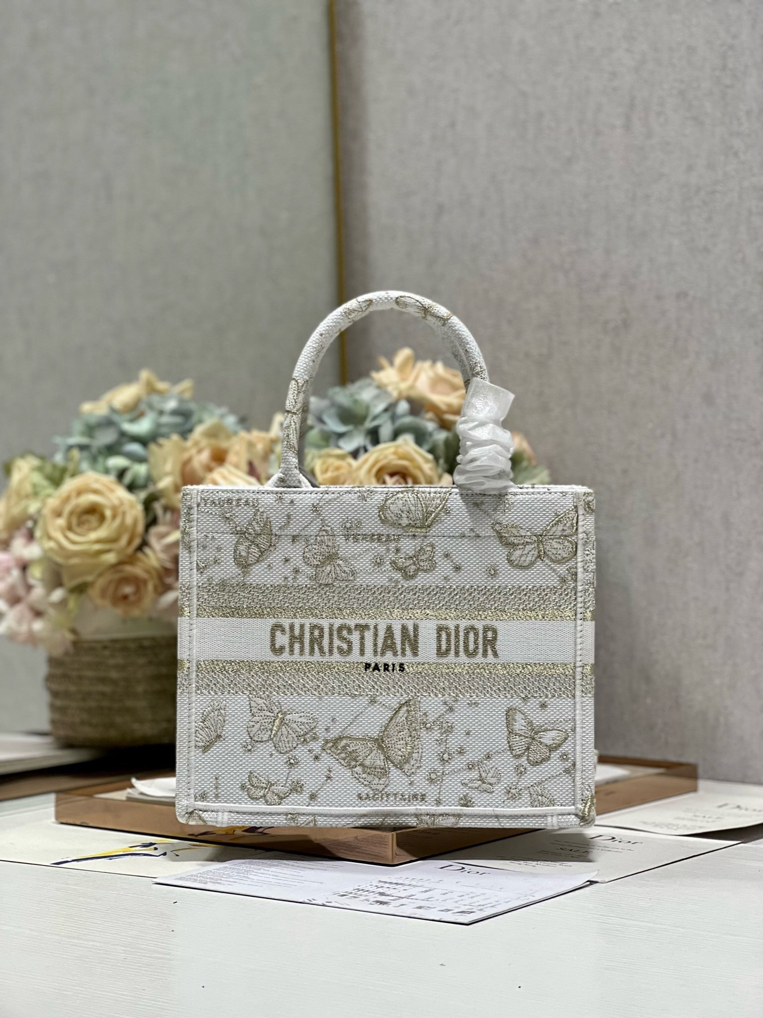 Bagsaaa D10r Book Tote Small White and Gold-tone Gradient Butterflies
