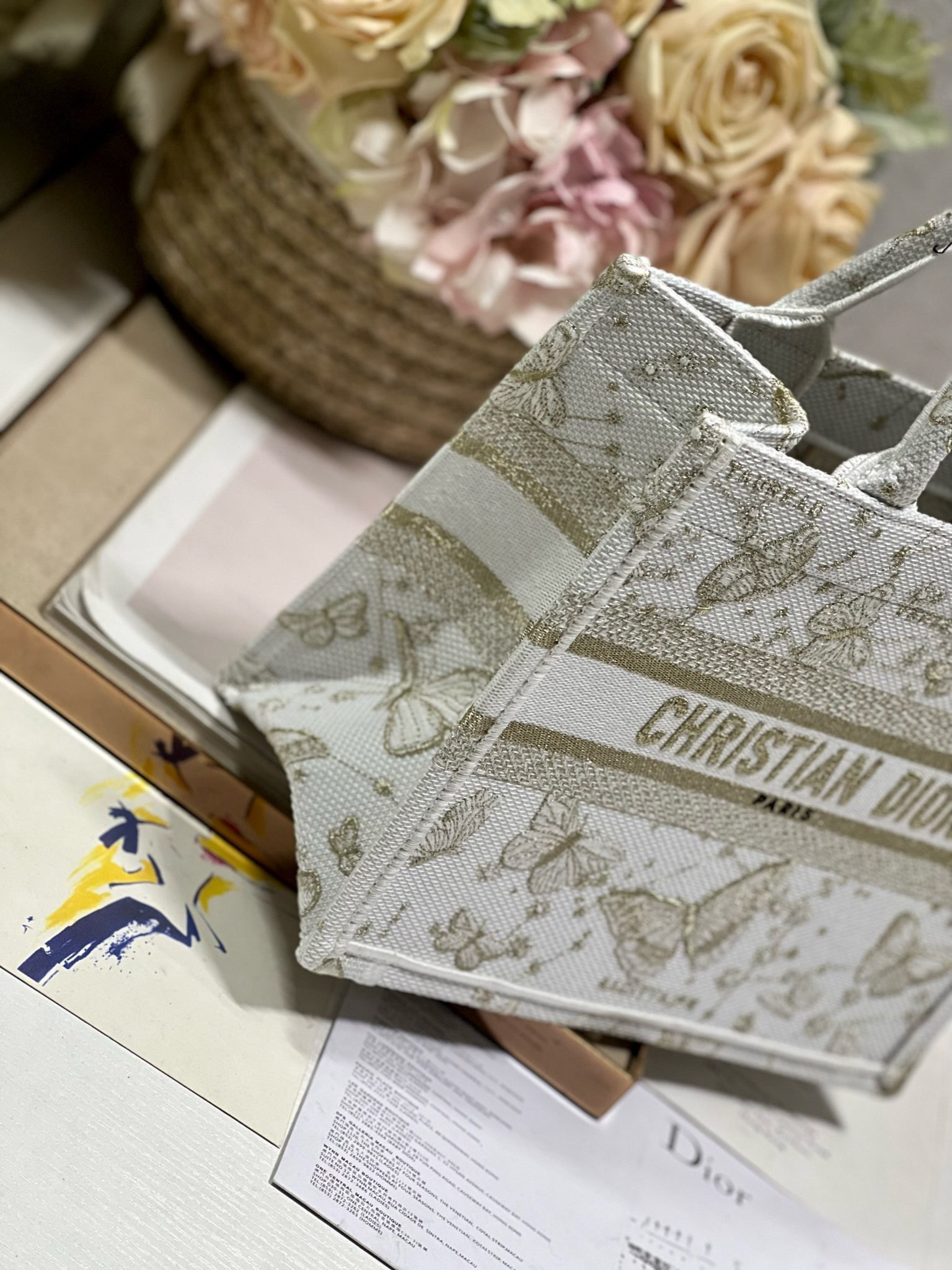 Bagsaaa D10r Book Tote Small White and Gold-tone Gradient Butterflies