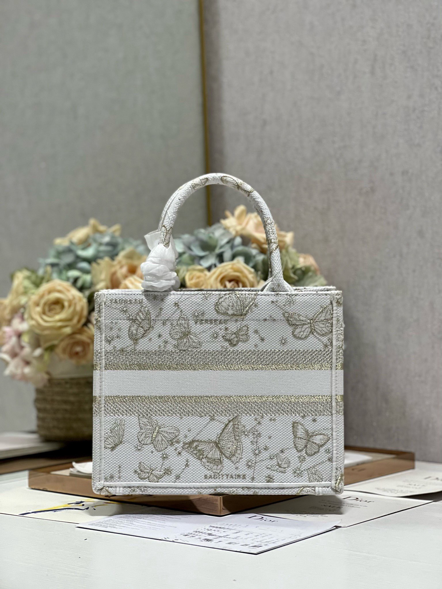 Bagsaaa D10r Book Tote Small White and Gold-tone Gradient Butterflies