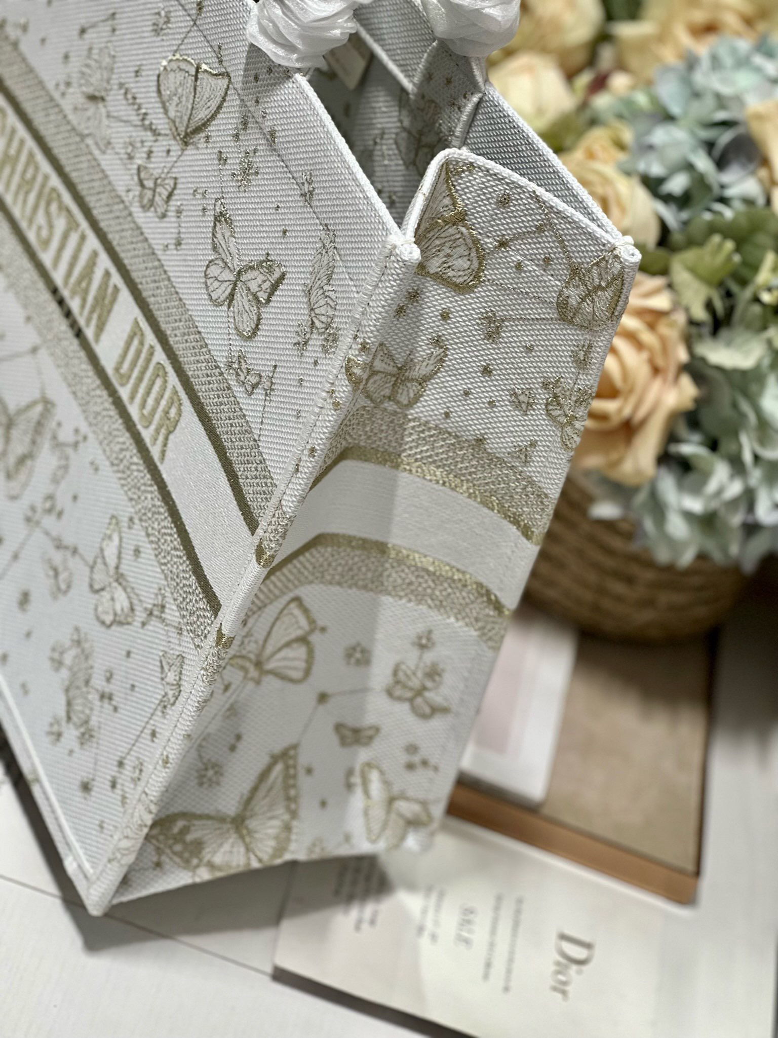 Bagsaaa D10r Book Tote Large White and Gold-tone Gradient Butterflies