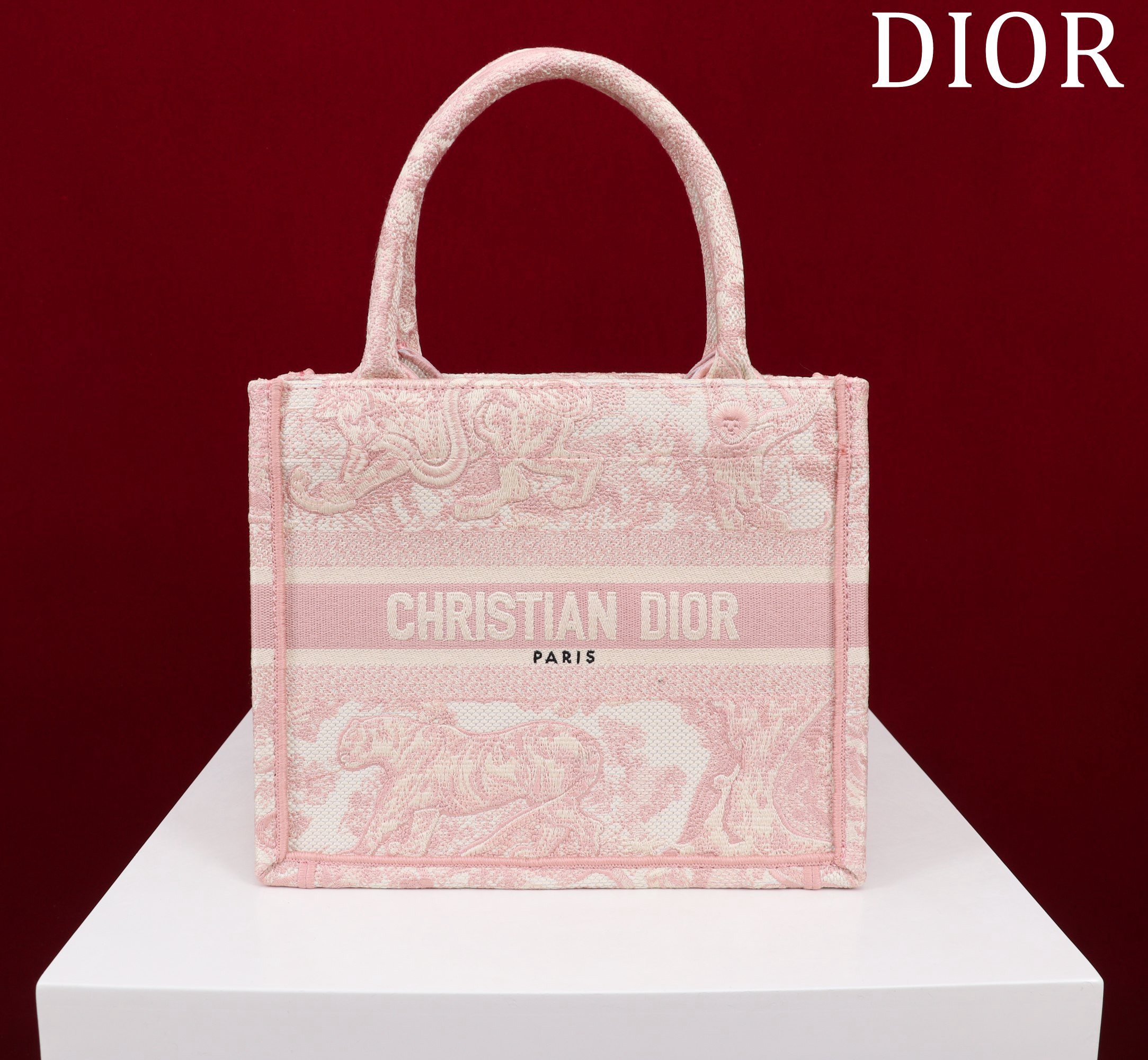 Bagsaaa D10r Small Book Tote Ecru and Light Pink Toile de Jouy Embroidery - 26x22x8cm