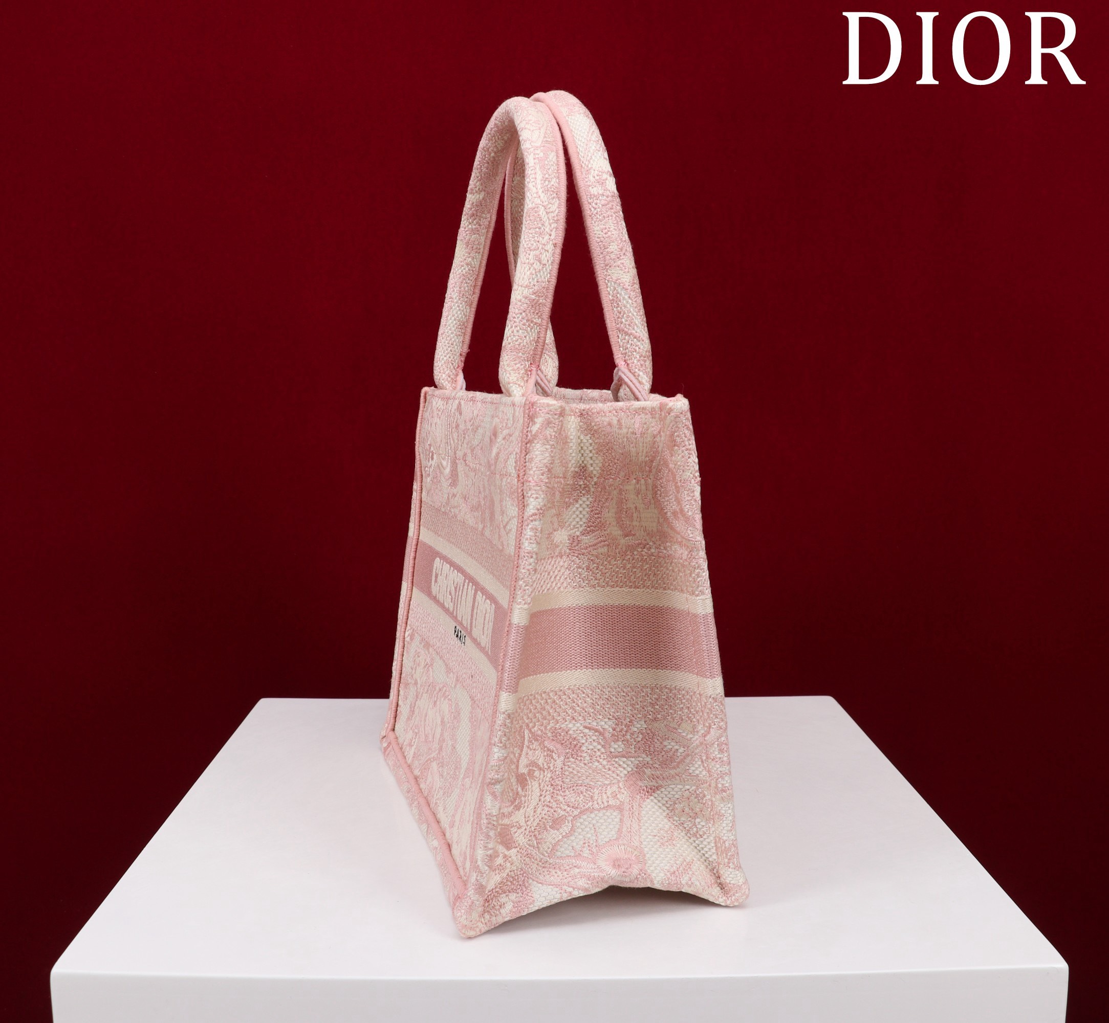 Bagsaaa D10r Small Book Tote Ecru and Light Pink Toile de Jouy Embroidery - 26x22x8cm