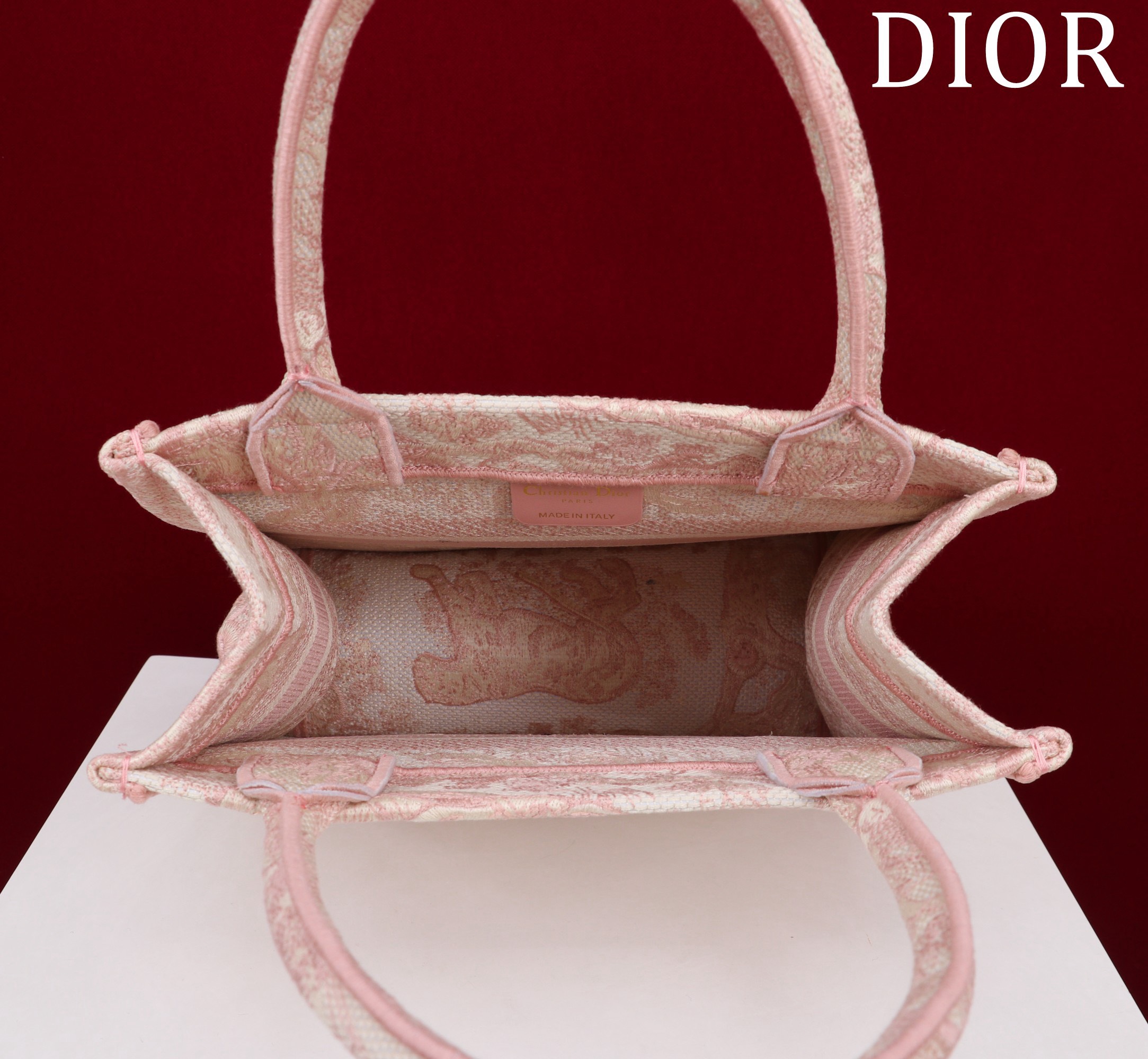Bagsaaa D10r Small Book Tote Ecru and Light Pink Toile de Jouy Embroidery - 26x22x8cm