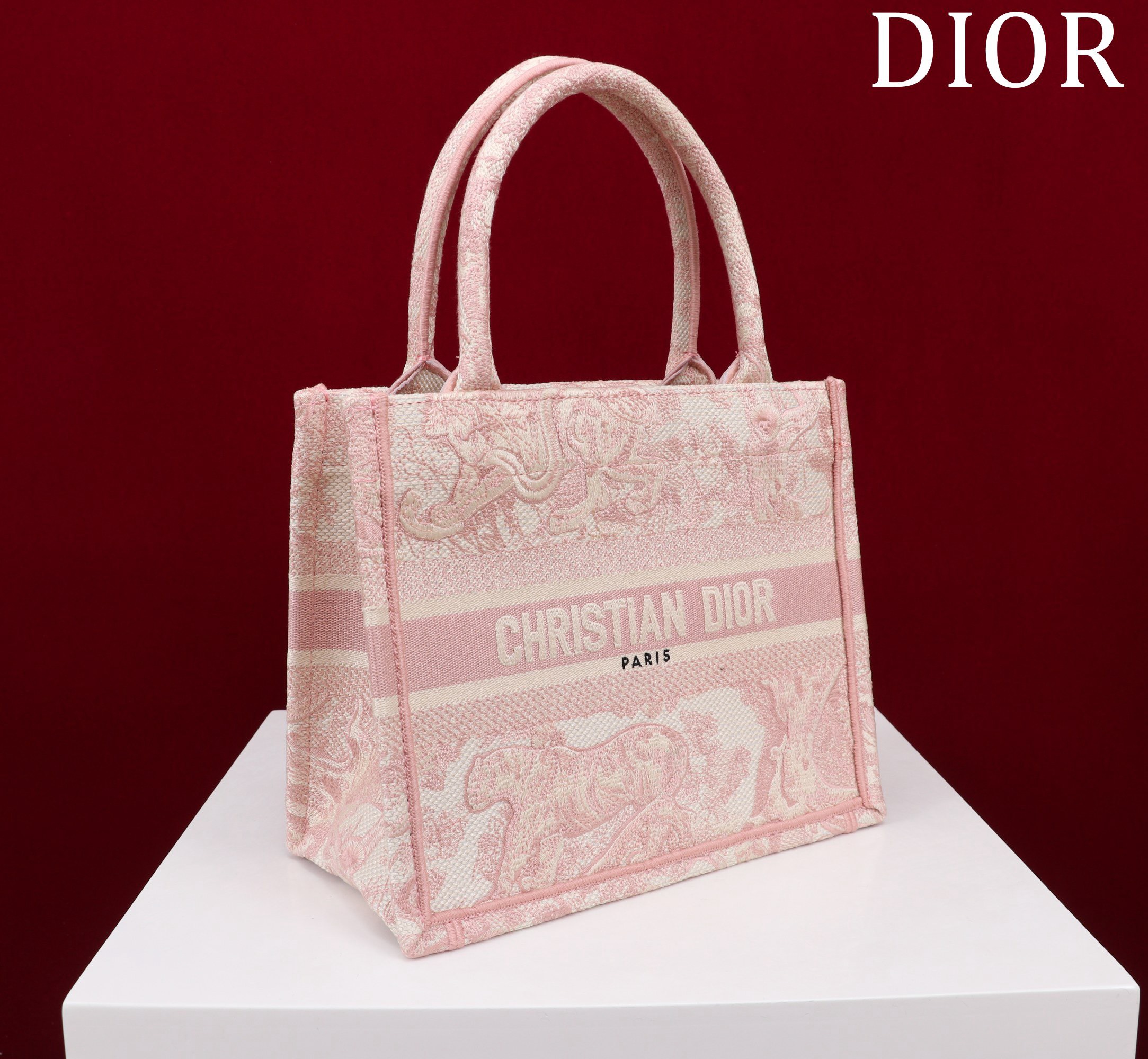 Bagsaaa D10r Small Book Tote Ecru and Light Pink Toile de Jouy Embroidery - 26x22x8cm