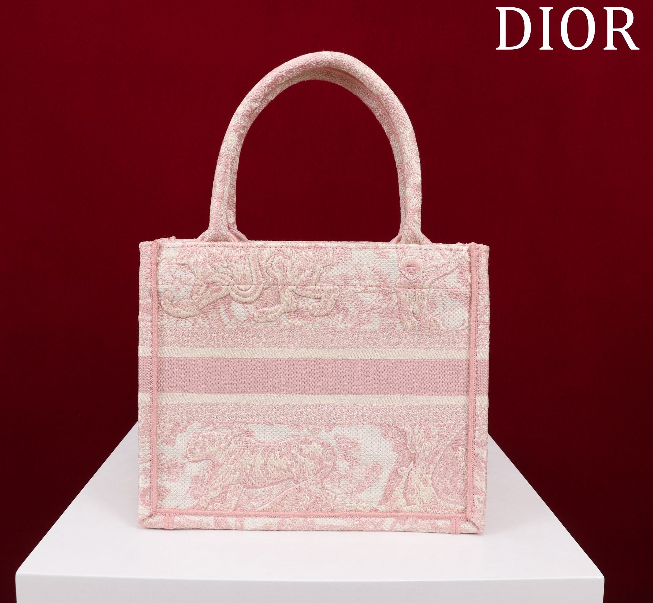 Bagsaaa D10r Small Book Tote Ecru and Light Pink Toile de Jouy Embroidery - 26x22x8cm