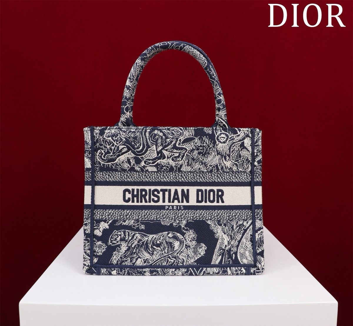 Bagsaaa Small D10r Book Tote Blue and White Toile de Jouy Reverse Embroidery - 26.5 x 22 x 14 cm