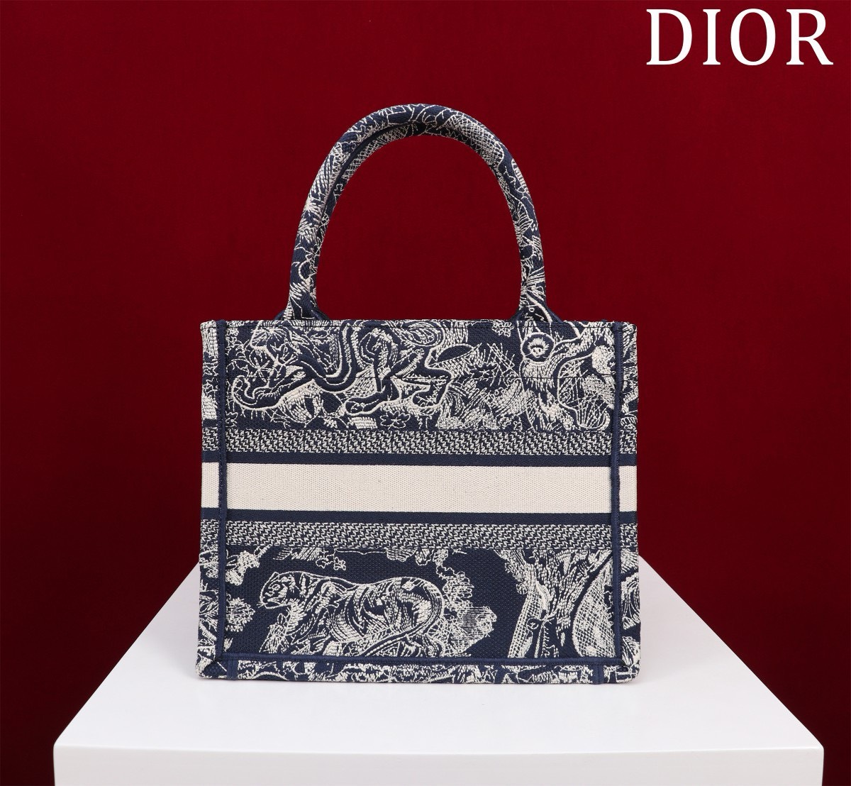 Bagsaaa Small D10r Book Tote Blue and White Toile de Jouy Reverse Embroidery - 26.5 x 22 x 14 cm