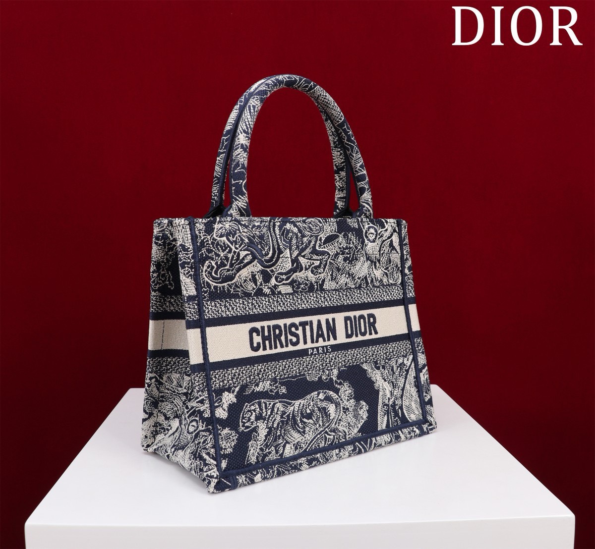 Bagsaaa Small D10r Book Tote Blue and White Toile de Jouy Reverse Embroidery - 26.5 x 22 x 14 cm
