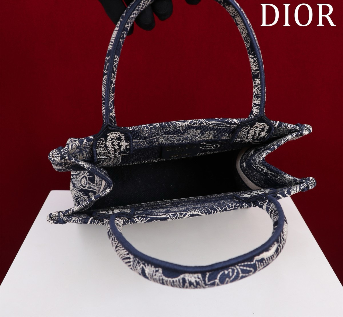 Bagsaaa Small D10r Book Tote Blue and White Toile de Jouy Reverse Embroidery - 26.5 x 22 x 14 cm