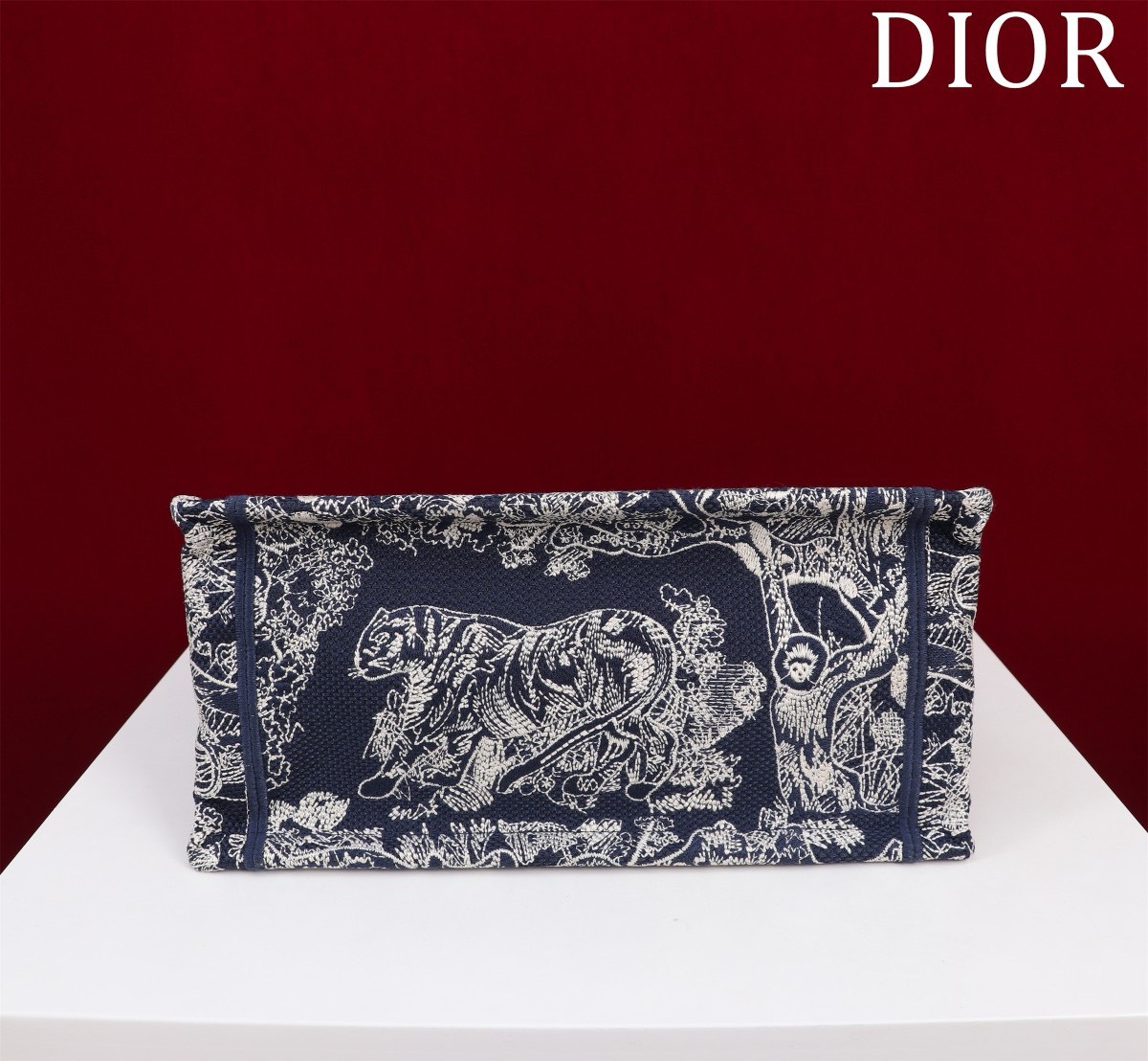 Bagsaaa Small D10r Book Tote Blue and White Toile de Jouy Reverse Embroidery - 26.5 x 22 x 14 cm