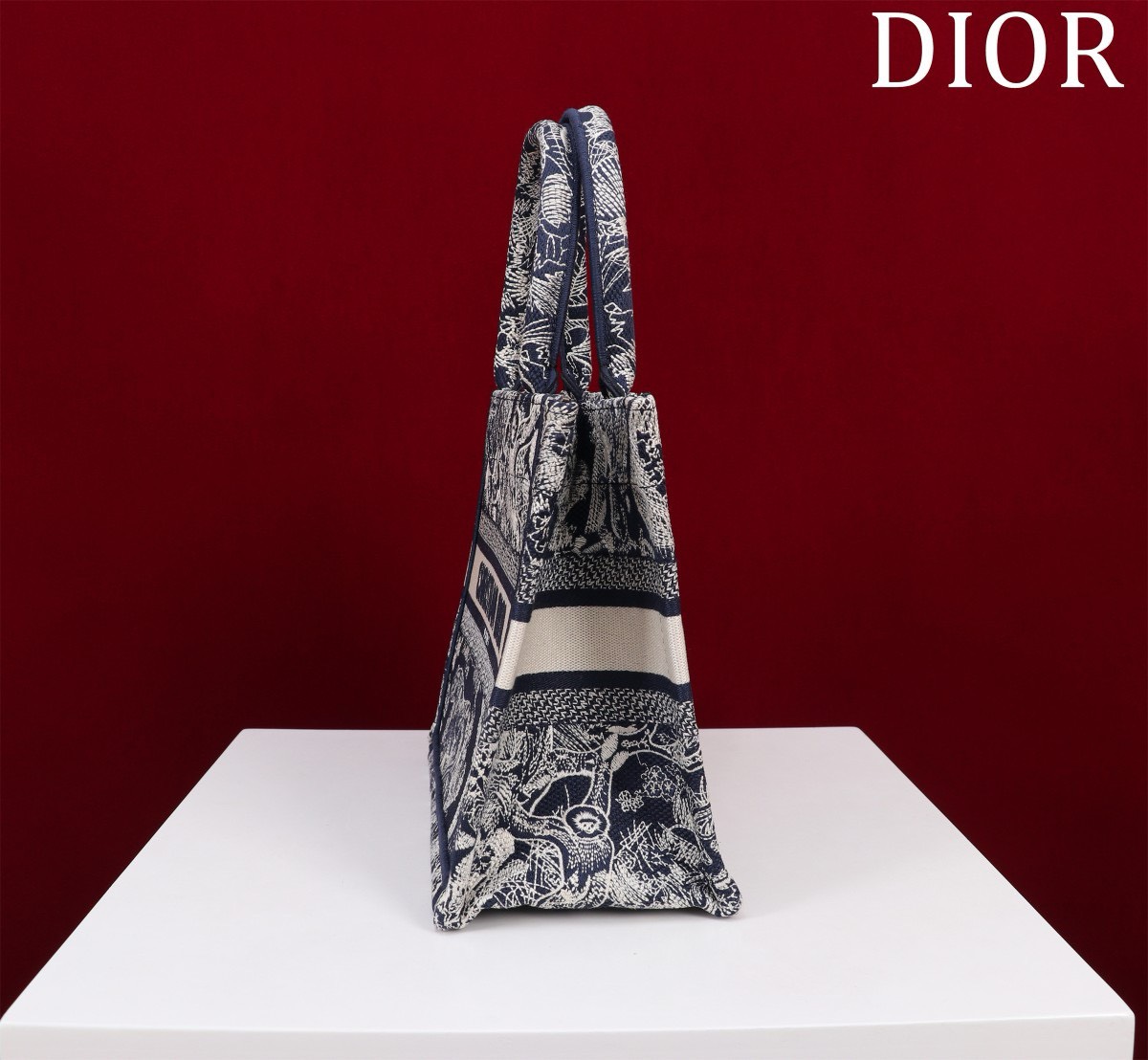 Bagsaaa Small D10r Book Tote Blue and White Toile de Jouy Reverse Embroidery - 26.5 x 22 x 14 cm