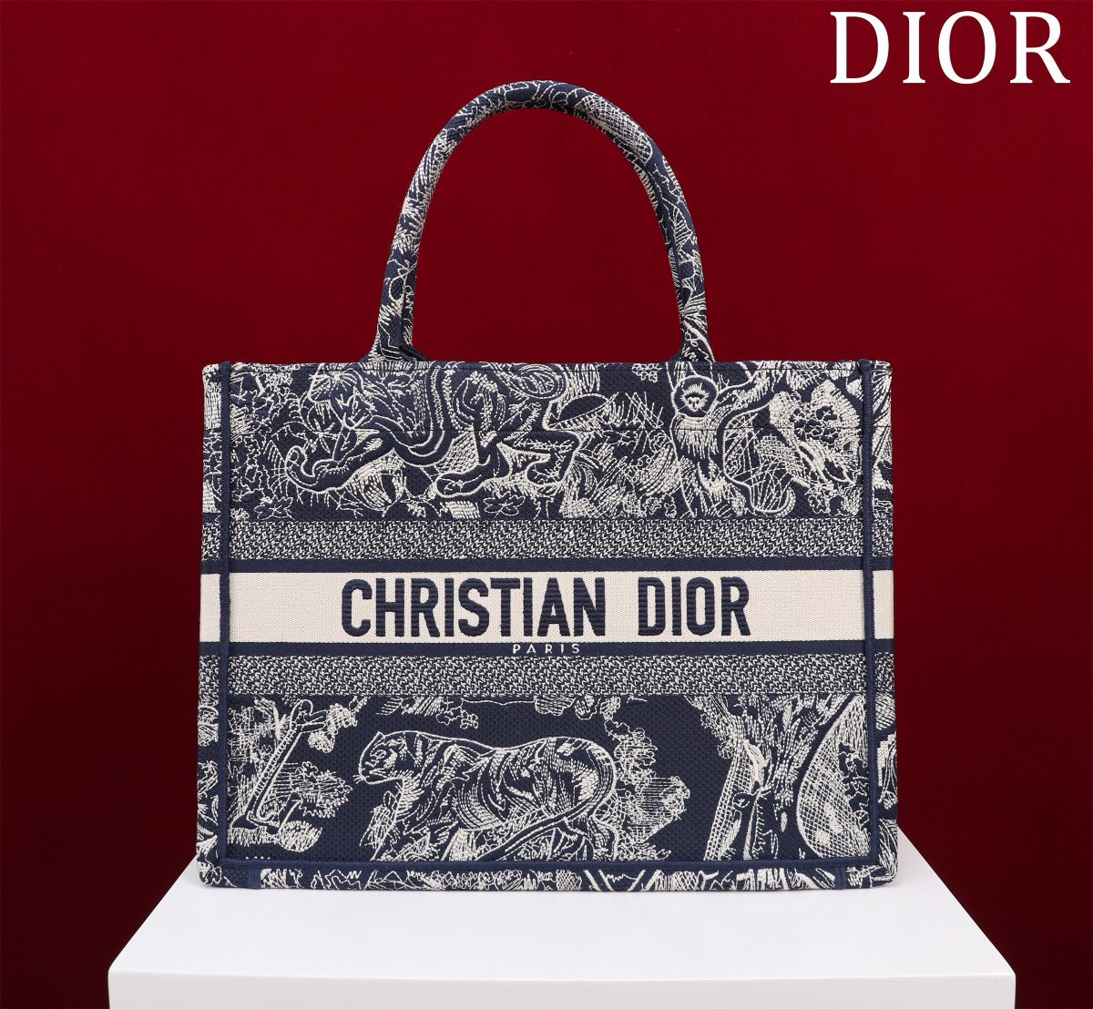 Bagsaaa D10r Medium Book Tote Ecru and Dark Blue Toile de Jouy Embroidery
