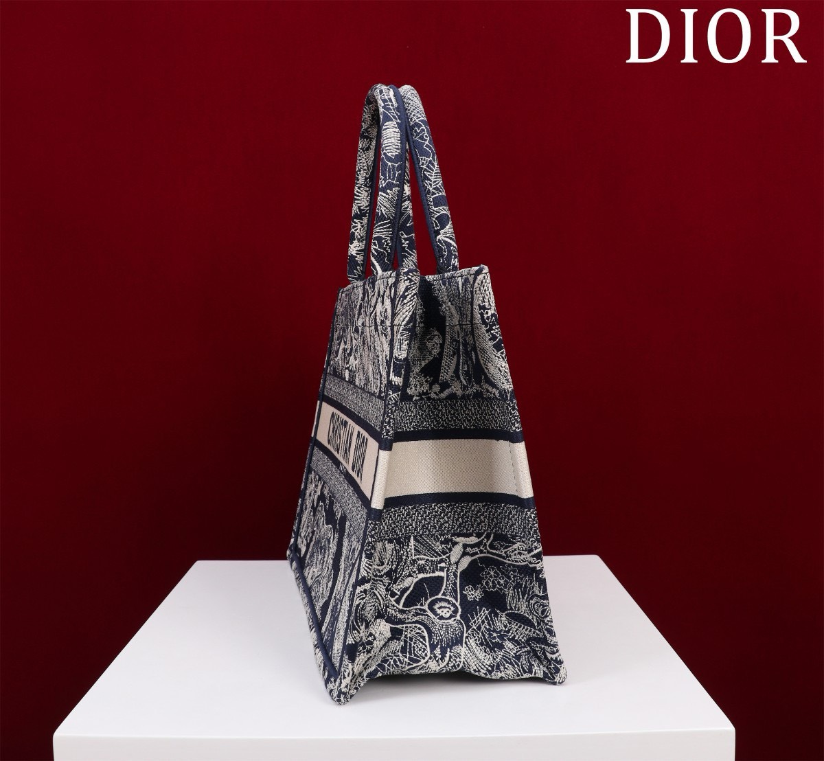 Bagsaaa D10r Medium Book Tote Ecru and Dark Blue Toile de Jouy Embroidery