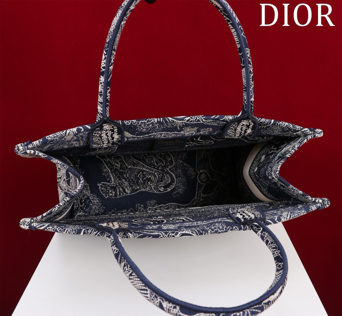 Bagsaaa D10r Medium Book Tote Ecru and Dark Blue Toile de Jouy Embroidery
