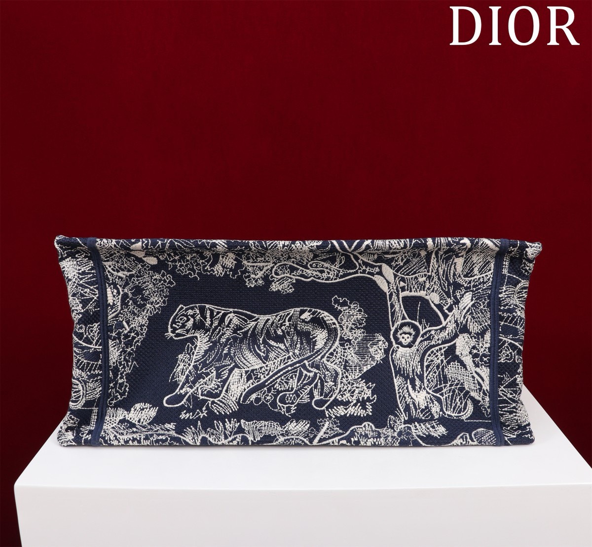 Bagsaaa D10r Medium Book Tote Ecru and Dark Blue Toile de Jouy Embroidery