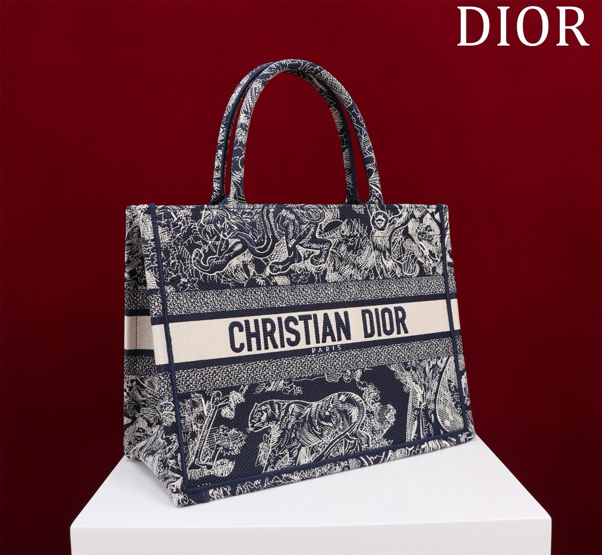 Bagsaaa D10r Medium Book Tote Ecru and Dark Blue Toile de Jouy Embroidery