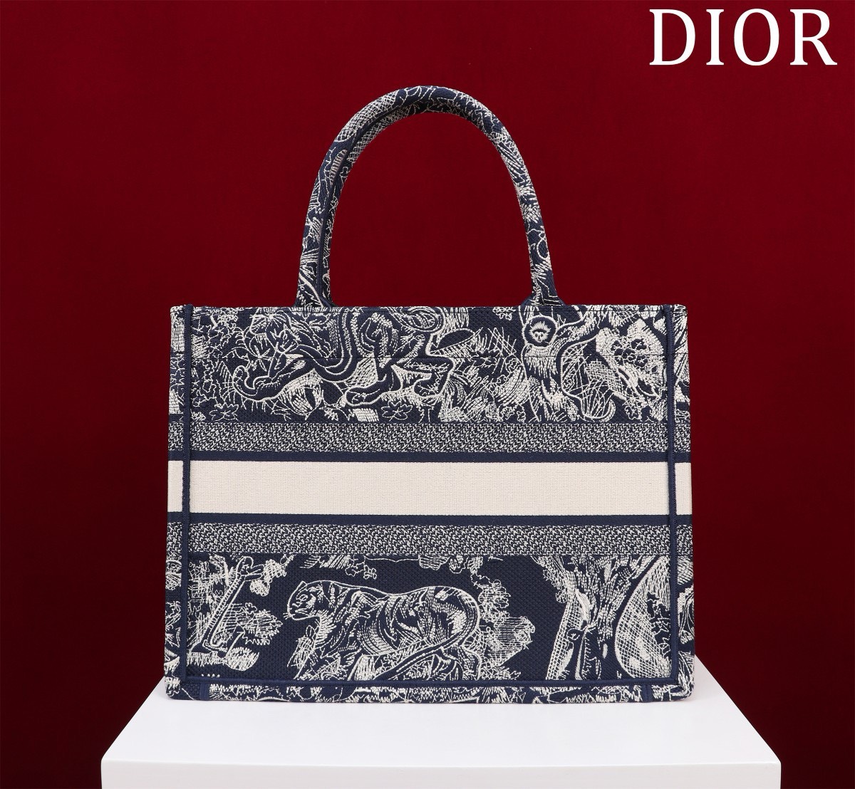 Bagsaaa D10r Medium Book Tote Ecru and Dark Blue Toile de Jouy Embroidery