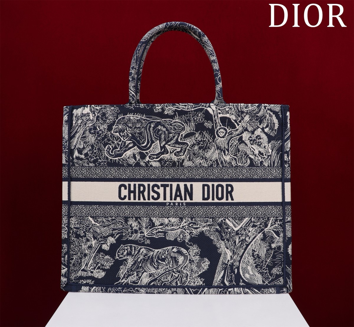 Bagsaaa D10r Large Book Tote Ecru and Dark Blue Toile de Jouy Embroidery