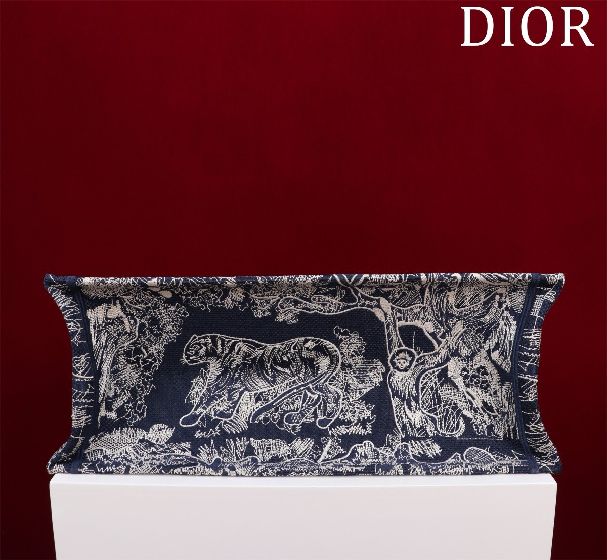 Bagsaaa D10r Large Book Tote Ecru and Dark Blue Toile de Jouy Embroidery
