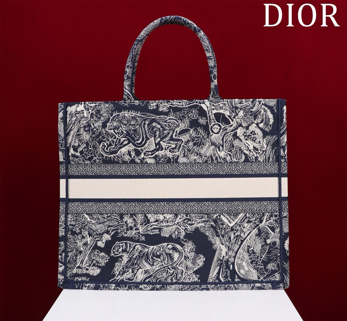 Bagsaaa D10r Large Book Tote Ecru and Dark Blue Toile de Jouy Embroidery
