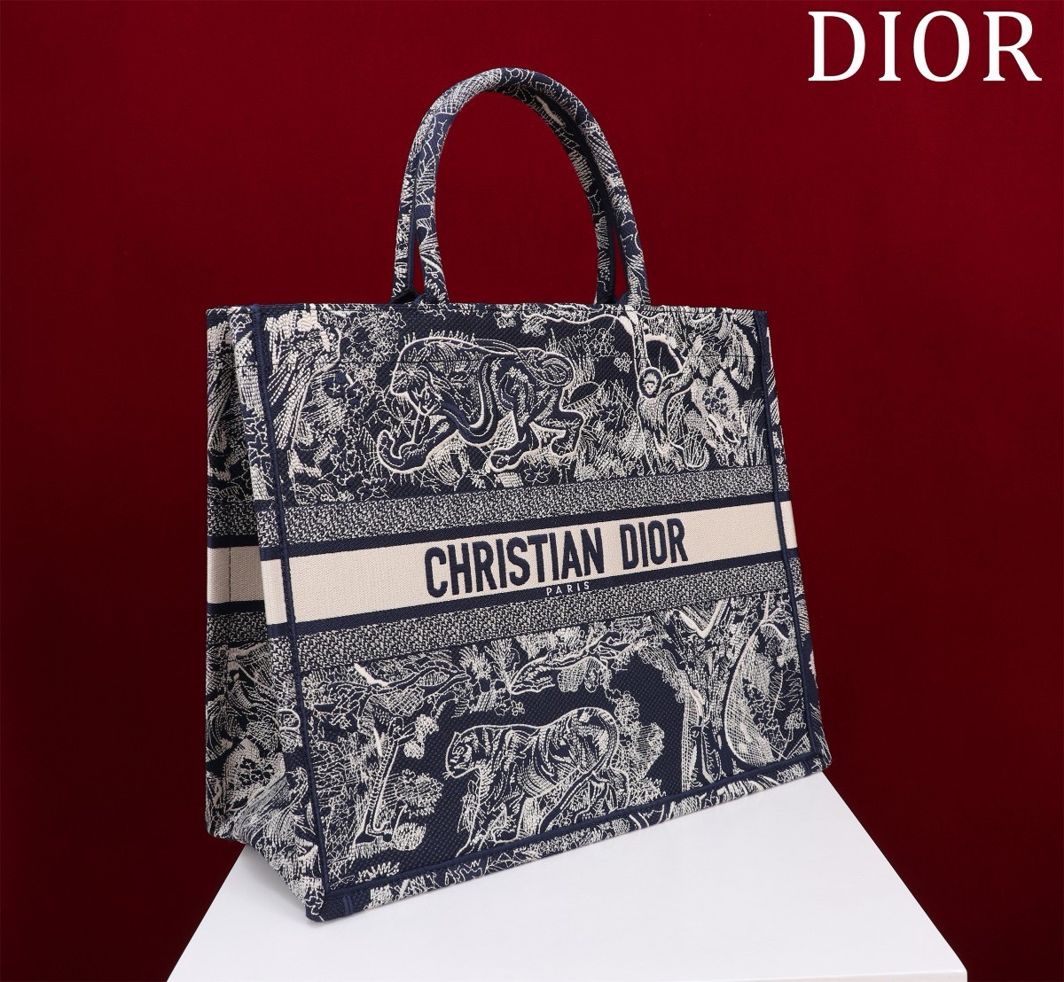 Bagsaaa D10r Large Book Tote Ecru and Dark Blue Toile de Jouy Embroidery