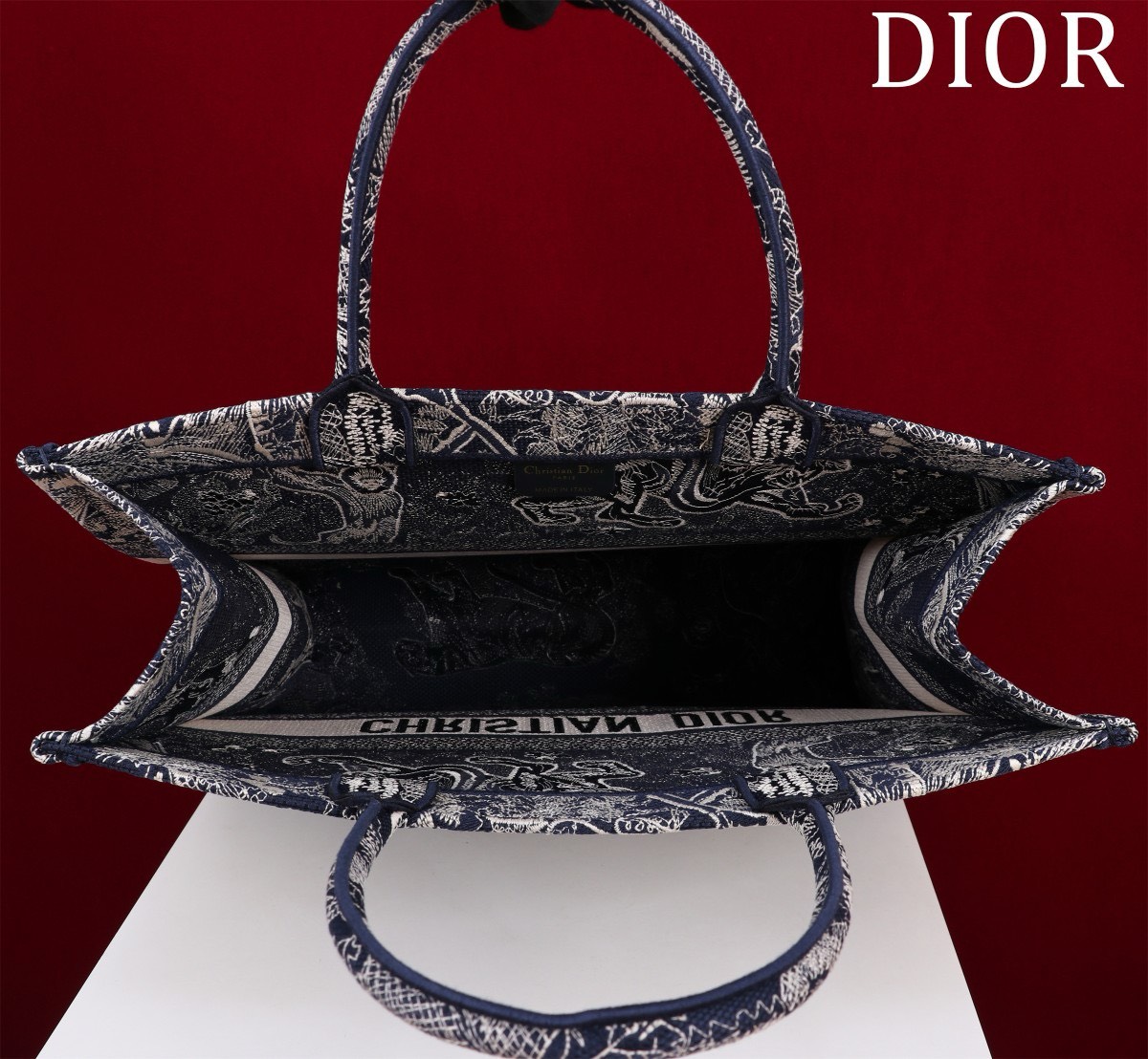 Bagsaaa D10r Large Book Tote Ecru and Dark Blue Toile de Jouy Embroidery